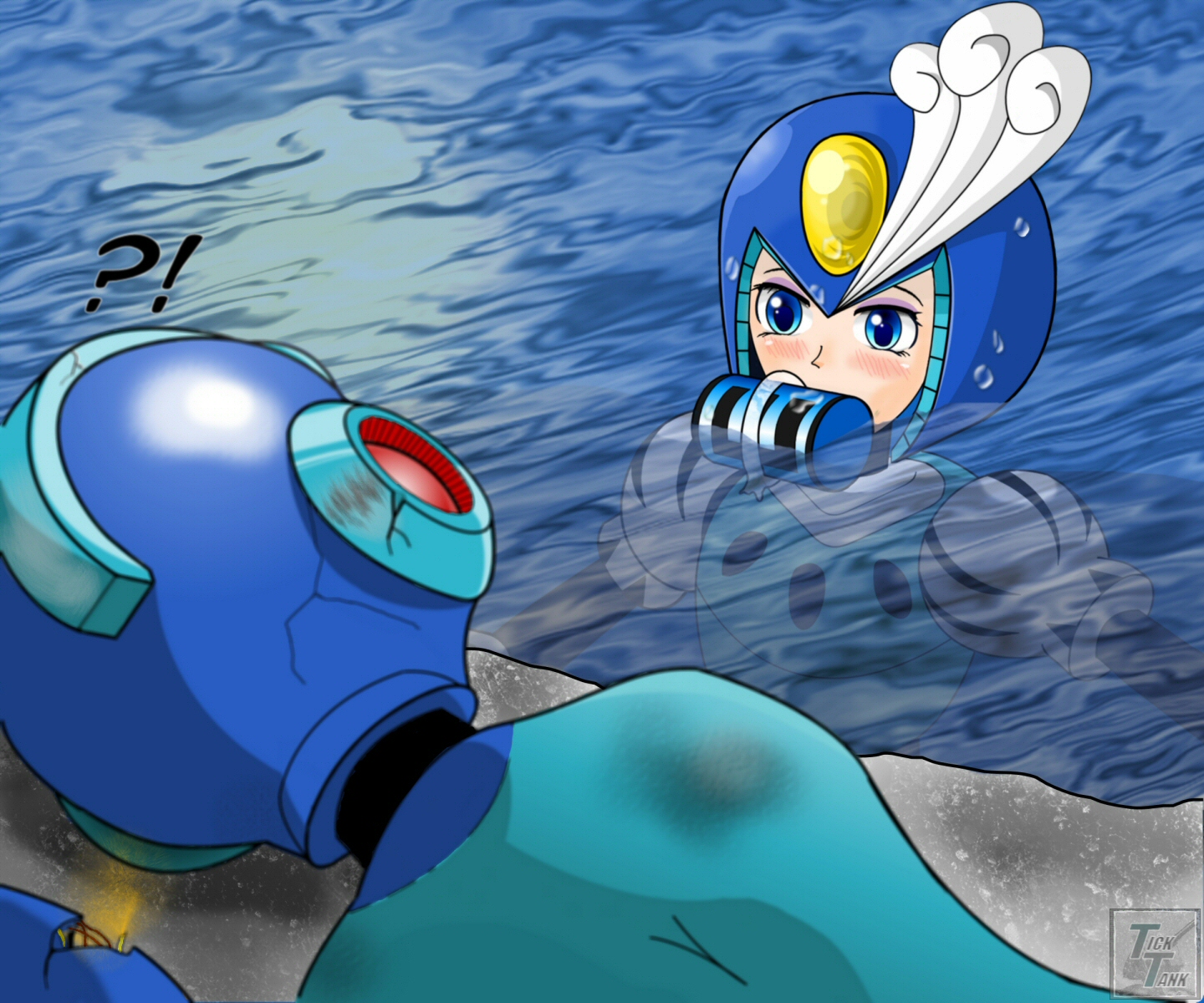 ticktank, mega man (character), splash woman, ao no roku-gou, capcom, mega man (classic), mega man (series), mega man 9, highres, !?, 1boy, 1girl, blue eyes, blush, helmet, mermaid, monster girl, mouth hold, parody, swimming, water, watermark