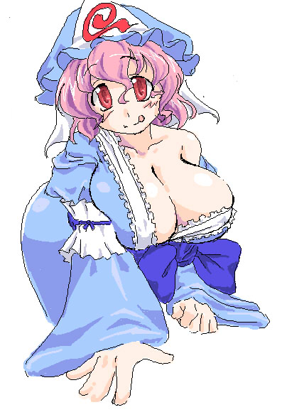 lute (apocalypselibrary), saigyouji yuyuko, touhou, 1girl, :d, advancing, bare shoulders, breasts, cleavage, dress, female focus, full body, hat, huge breasts, japanese clothes, kimono, looking at viewer, oekaki, open mouth, pink hair, red eyes, simple background, smile, solo, white background