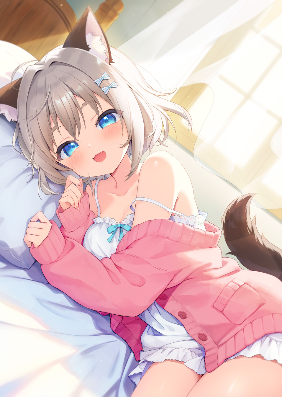 aoi yun, original, commentary request, highres, 1girl, :d, animal ear fluff, animal ears, bed, blue bow, blue eyes, bow, breasts, cat ears, cat girl, cat tail, cleavage, curtains, day, dress, dutch angle, fang, grey hair, hair bow, indoors, jacket, long sleeves, looking at viewer, lying, medium breasts, off shoulder, on bed, on side, open clothes, open jacket, open mouth, pillow, pink jacket, puffy long sleeves, puffy sleeves, short eyebrows, sleeves past wrists, smile, solo, strap slip, striped bow, sunlight, tail, thick eyebrows, transparent, white dress, window