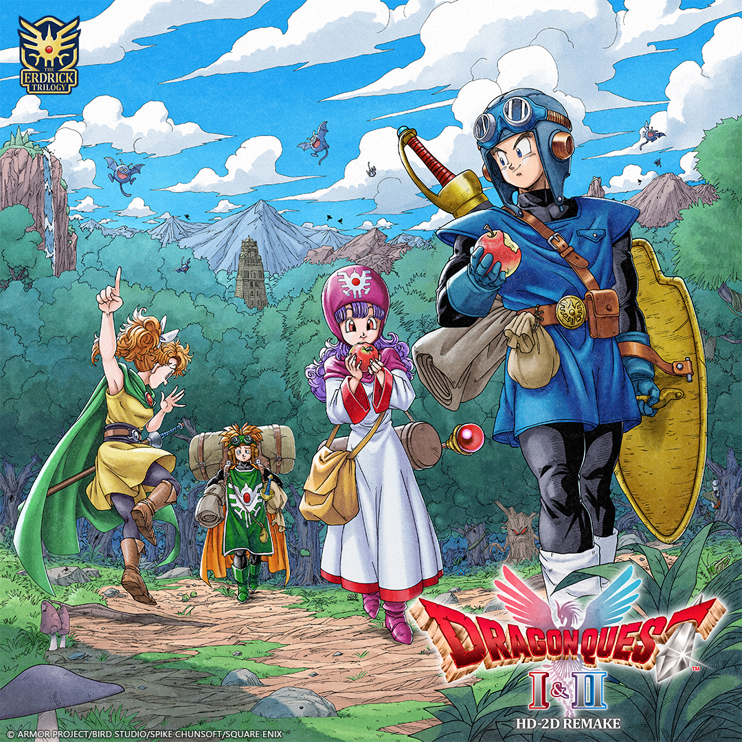 fenyon, dracky, prince of lorasia, prince of samantoria, princess of moonbrook, princess of samantoria, skeleton (dragon quest), dragon quest, dragon quest ii, commentary, english commentary, official art, promotional art, 2boys, 2girls, apple, arm up, aviator cap, bag, belt buckle, black bodysuit, black leggings, blue eyes, blue gloves, blue hat, blue sky, blue tunic, bodysuit, boots, bow, brother and sister, brown boots, buckle, cape, carrying, carrying under arm, cloud, copyright logo, copyright name, cousins, curly hair, dress, eating, food, fruit, gloves, goggles, goggles on headwear, green boots, green cape, green tabard, hair bow, hat, holding, holding food, holding fruit, holding shield, index finger raised, leg warmers, leggings, logo, long hair, mage staff, mountain, multiple boys, multiple girls, mushroom, open mouth, orange cape, orange hair, outdoors, pink hood, pink shoes, ponytail, profile, purple hair, red eyes, red trim, robe, roto's emblem, shield, shoes, short hair, shoulder bag, siblings, sky, sleeveless, sleeveless dress, spiked hair, staff, sword, sword on back, tabard, tree, tunic, weapon, weapon on back, white bow, white leg warmers, white robe, yellow dress