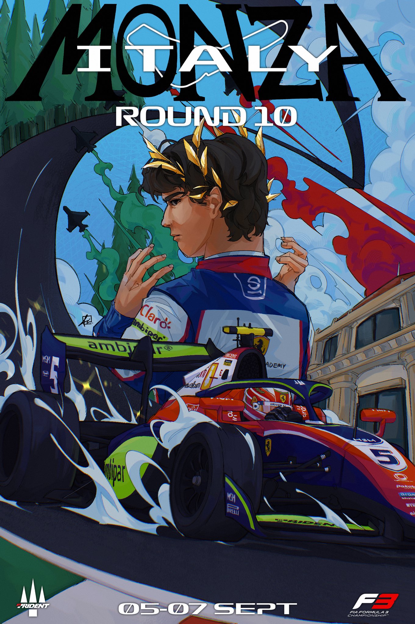 commentary, english commentary, highres, 1boy, aircraft, airplane, atmisuki, autodromo nazionale di monza, black eyes, black hair, blue sky, car, closed mouth, driving, formula 3, formula racer, laurel crown, long sleeves, looking at viewer, male focus, motor vehicle, multiple views, race vehicle, racecar, racing suit, rafael camara, short hair, sky, smoke