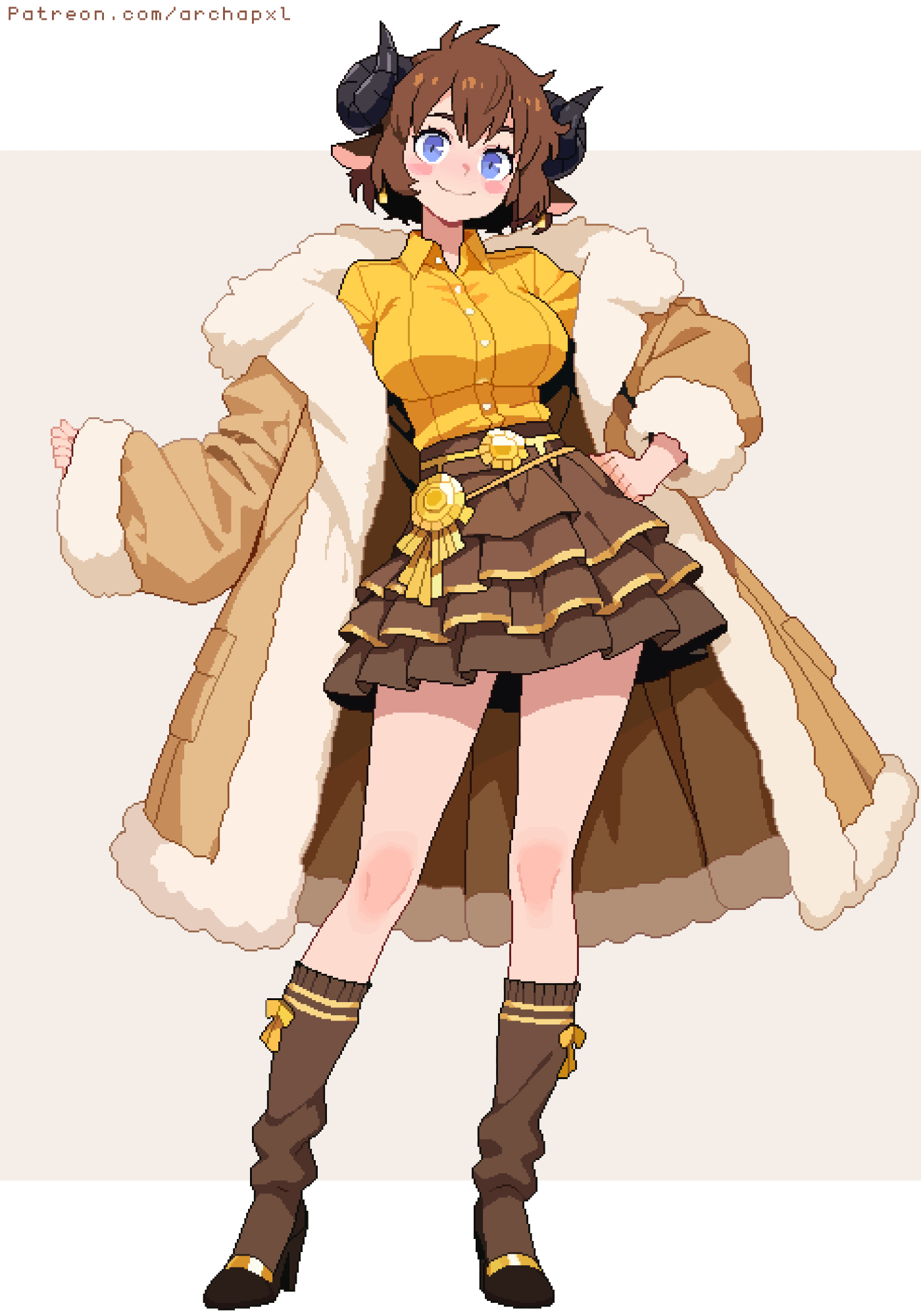 archapxl, original, commentary, english commentary, highres, 1girl, animal ears, anya (archapxl), artist name, black horns, black shoes, blue eyes, blush, blush stickers, bob cut, border, breasts, brown background, brown coat, brown hair, brown skirt, brown socks, closed mouth, coat, collared shirt, curled horns, dress shoes, droopy ears, earrings, eyelashes, frilled skirt, frills, full body, fur-trimmed coat, fur trim, gold earrings, gold trim, hair between eyes, hand on own hip, head tilt, high heels, horns, jewelry, kneehighs, large breasts, letterboxed, long sleeves, looking at viewer, loose socks, messy hair, open clothes, open coat, outside border, outstretched arm, patreon username, pendant earring, pixel art, sheep ears, sheep girl, sheep horns, shirt, shoes, short hair, simple background, skirt, sleeves past wrists, smile, socks, solo, standing, white border, yellow shirt