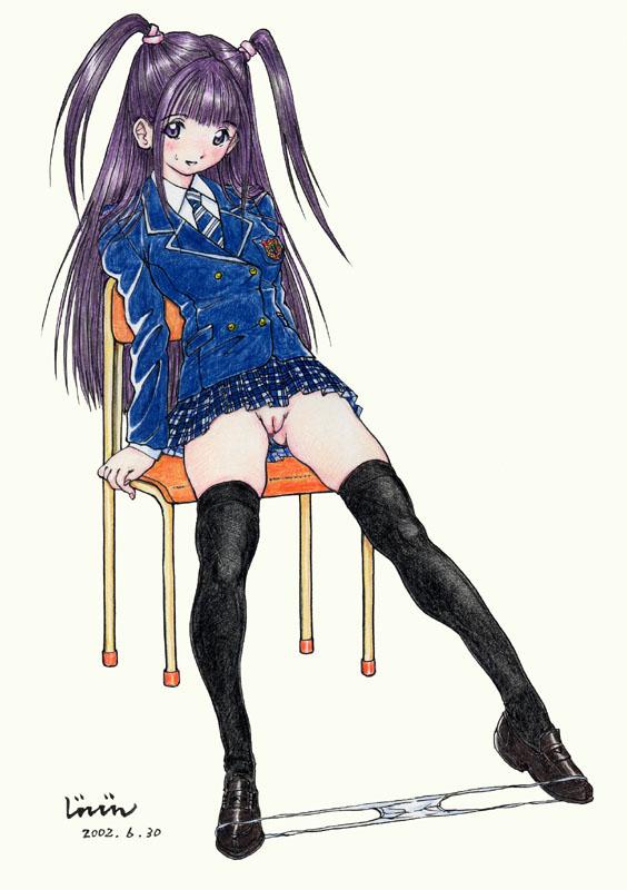 jinjin, 1girl, 2002, arm support, artist name, black shoes, black thighhighs, blazer, blunt bangs, blush, chair, cleft of venus, dated, female focus, full body, hair ribbon, jacket, loafers, long hair, looking at viewer, microskirt, necktie, panties, panty pull, panty stretch, plaid clothes, plaid skirt, pleated skirt, presenting, purple hair, pussy, ribbon, school uniform, shoes, simple background, sitting, skirt, solo, sweat, thighhighs, twintails, two side up, uncensored, underwear, white background, white panties, zettai ryouiki