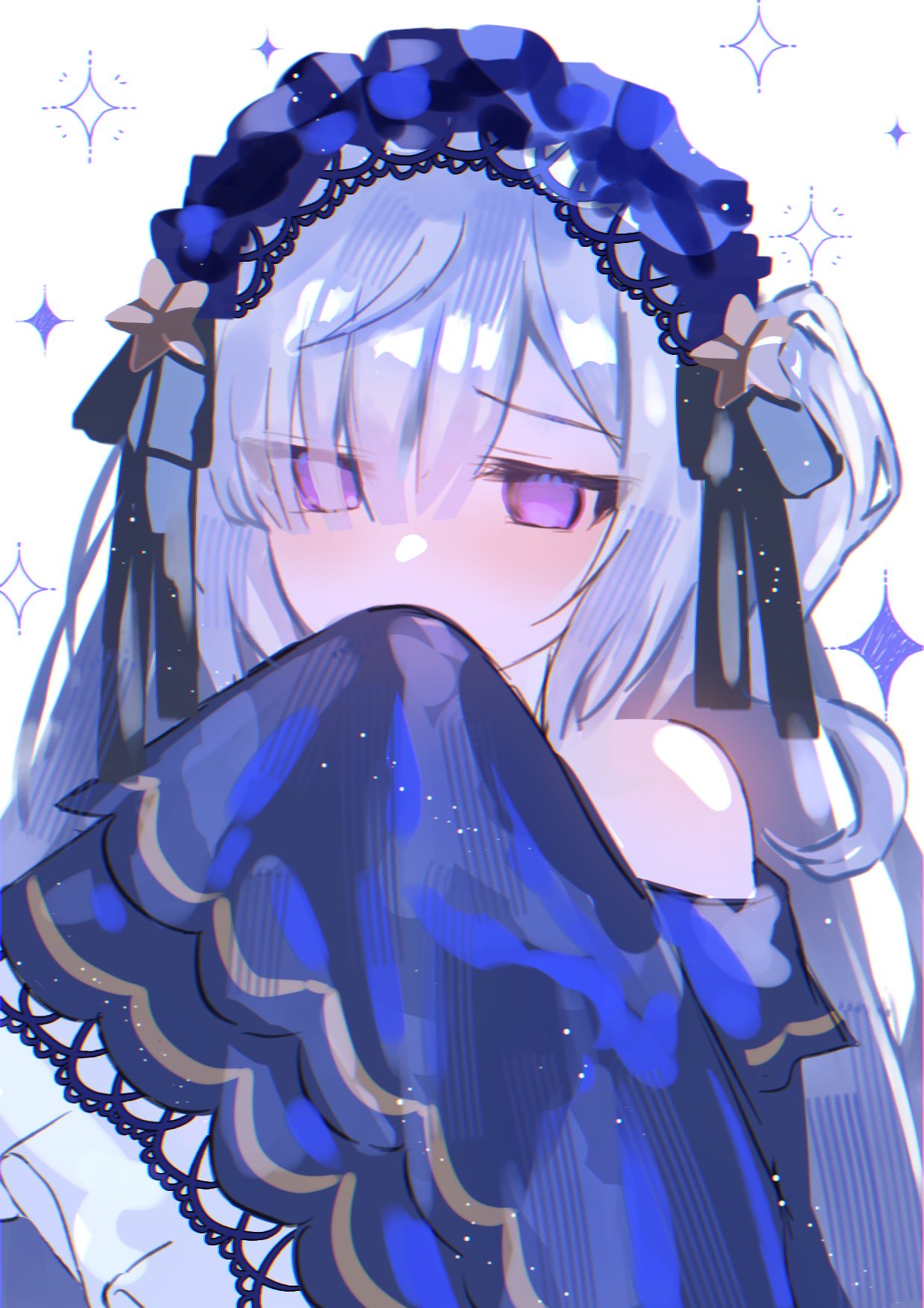 rikako0229, natsume an-an, mahou shoujo no majo saiban, commentary request, highres, 1girl, covering own mouth, gothic lolita, hair over one eye, hairband, hand up, lolita fashion, lolita hairband, long hair, long sleeves, looking at viewer, purple eyes, sleeves past fingers, sleeves past wrists, solo, sparkle, upper body, white background, white hair