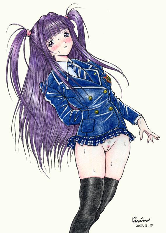 jinjin, 1girl, 2003, arm behind back, artist name, black thighhighs, blazer, blush, cleft of venus, contrapposto, cowboy shot, dated, female focus, female pubic hair, jacket, long hair, looking at viewer, microskirt, no panties, plaid clothes, plaid skirt, pleated skirt, pubic hair, purple hair, pussy, school uniform, scrunchie, simple background, skirt, solo, sparse pubic hair, standing, sweat, thighhighs, two side up, uncensored, very long hair, white background