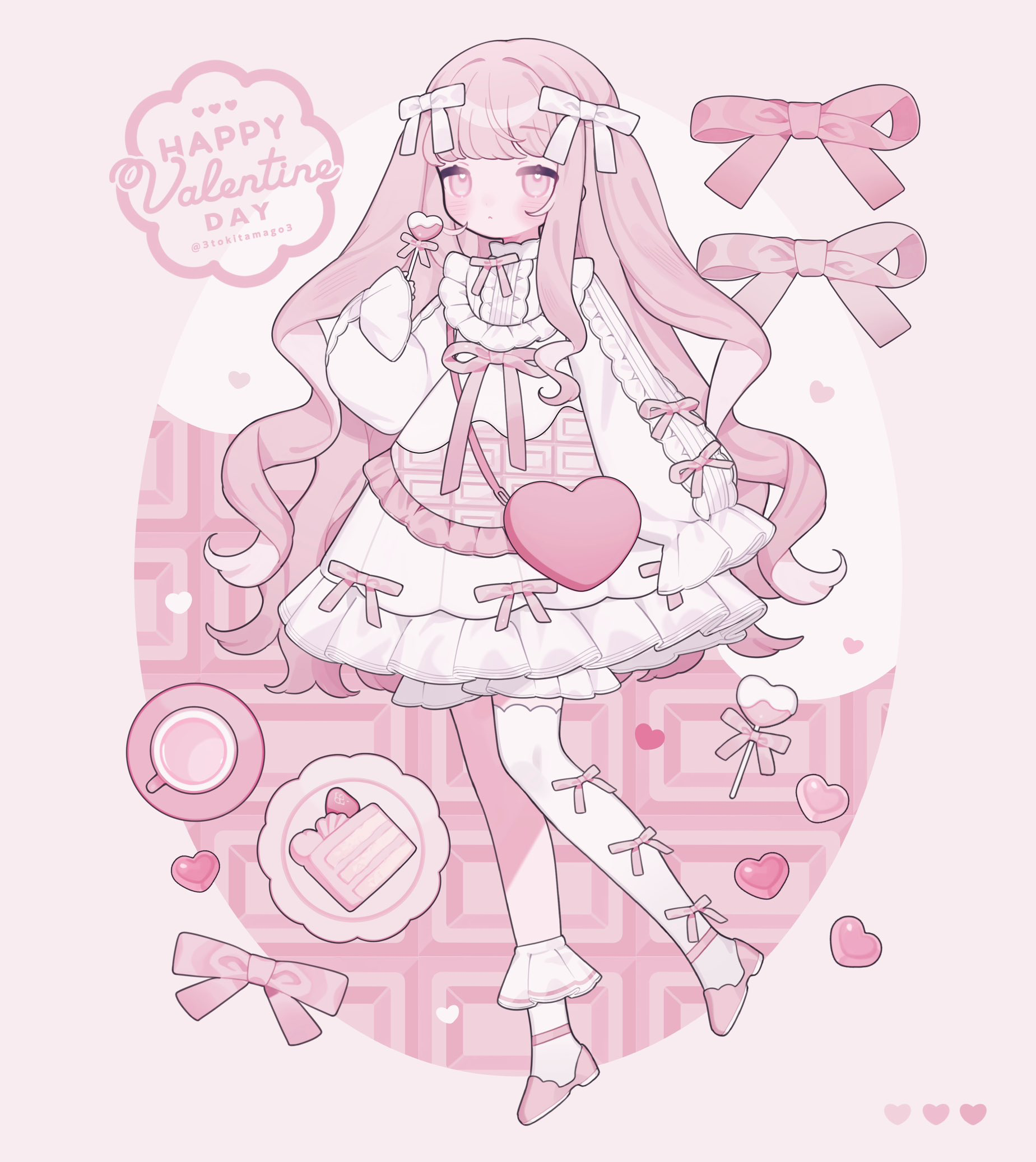 3tokitamago, original, commentary, highres, lossy-lossless, symbol-only commentary, 1girl, asymmetrical legwear, blush, bow, bowtie, cake, cake slice, candy, closed mouth, dress, dress bow, food, frilled sleeves, frilled socks, frills, fruit, full body, hair bow, heart, heart-shaped food, heart-shaped lollipop, holding, holding candy, holding food, holding lollipop, lollipop, long hair, long sleeves, looking at viewer, pink bow, pink bowtie, pink eyes, pink hair, pink shoes, pink theme, shaped lollipop, shoes, single sock, single thighhigh, sleeve bow, socks, solo, standing, standing on one leg, strawberry, thighhighs, uneven legwear, valentine, white bow, white dress, white socks, white thighhighs