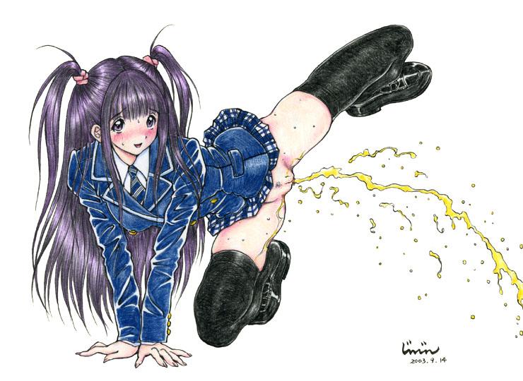 jinjin, 1girl, 2003, all fours, arm support, artist name, black shoes, black thighhighs, blazer, blush, clothes lift, dated, female focus, female pubic hair, full body, happy, jacket, leg up, loafers, long hair, looking at viewer, microskirt, necktie, no panties, peeing, plaid clothes, plaid skirt, pleated skirt, pubic hair, purple hair, pussy, school uniform, scrunchie, shoes, simple background, skirt, skirt lift, smile, solo, sparse pubic hair, sweat, thighhighs, two side up, uncensored, white background