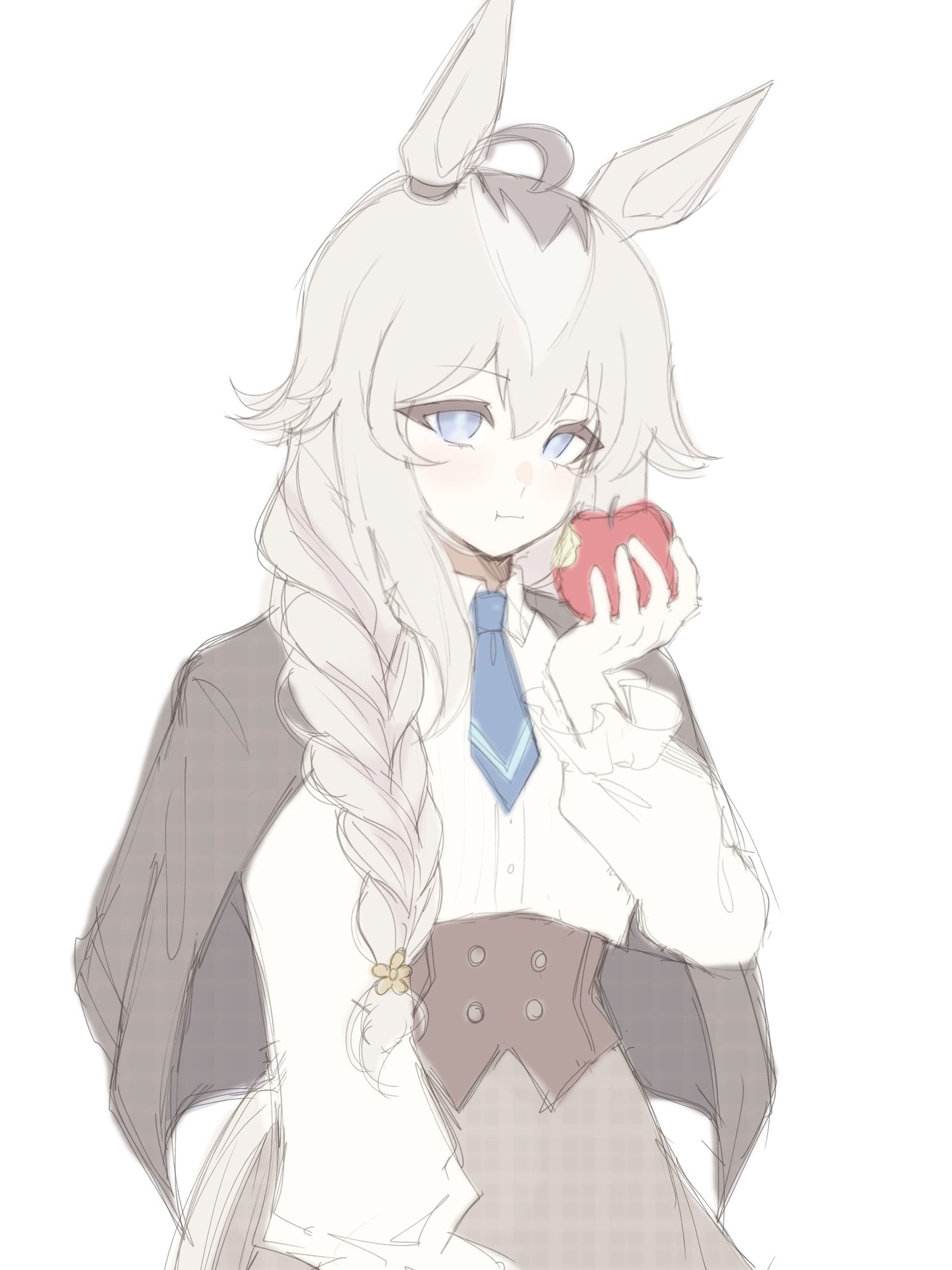 oguri cap (umamusume), umamusume, highres, 1girl, ahoge, alternate costume, animal ears, apple, blue eyes, blue necktie, braid, braided ponytail, brown jacket, brown skirt, collared shirt, eating, food, fruit, grey hair, grey tail, hair between eyes, hair over shoulder, holding, holding food, holding fruit, horse ears, horse girl, horse tail, jacket, koppiaa, long hair, long sleeves, multicolored hair, necktie, shirt, simple background, skirt, solo, tail, white background, white shirt