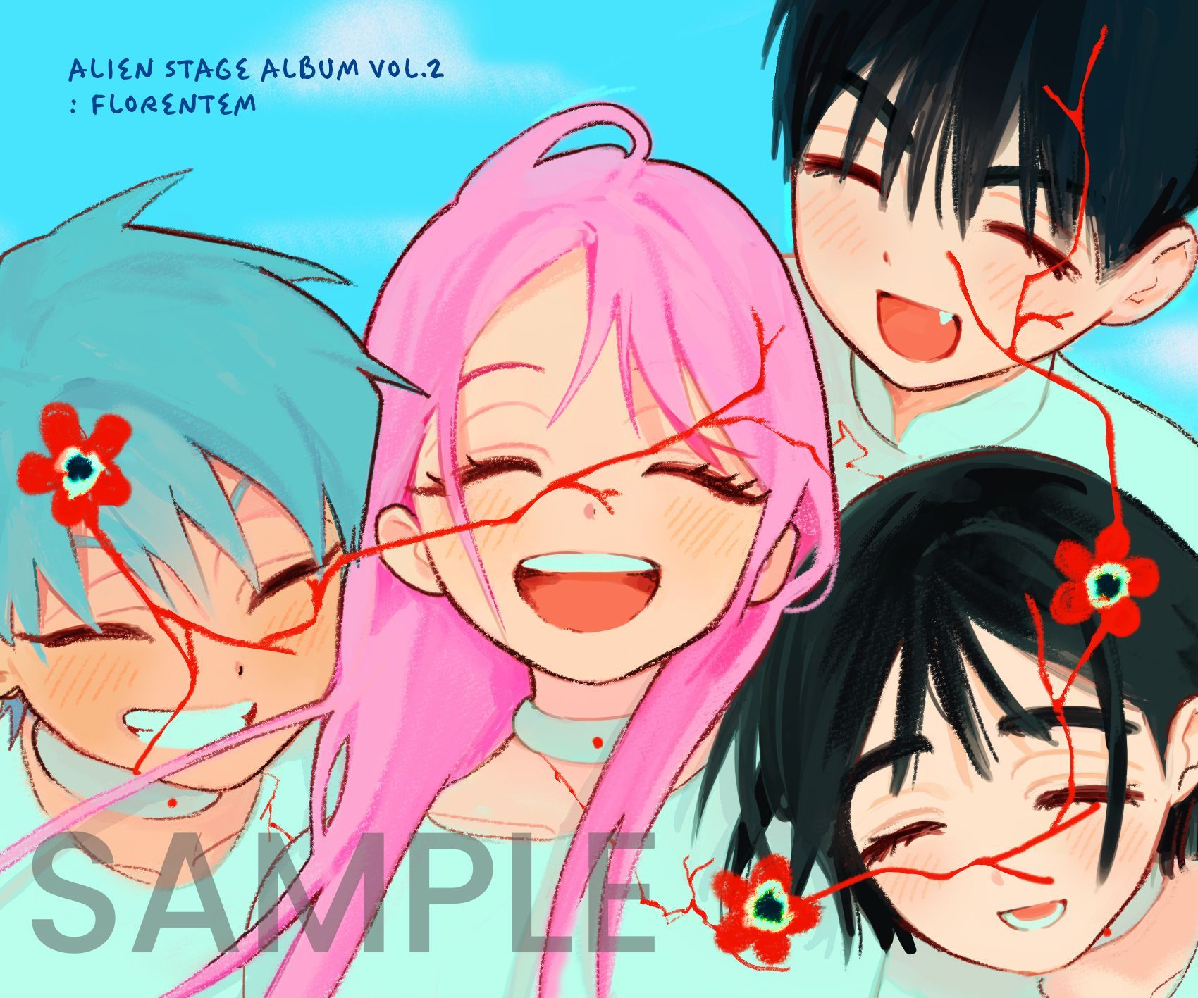 ivan (alien stage), mizi (alien stage), sua (alien stage), till (alien stage), alien stage, commentary, english commentary, highres, official art, 2boys, 2girls, anemone (flower), black hair, choker, closed eyes, english text, fang, flower, grey hair, hair flower, hair ornament, long hair, multiple boys, multiple girls, open mouth, pink hair, red flower, sample watermark, shirt, short hair, smile, very short hair, watermark, white choker, white shirt