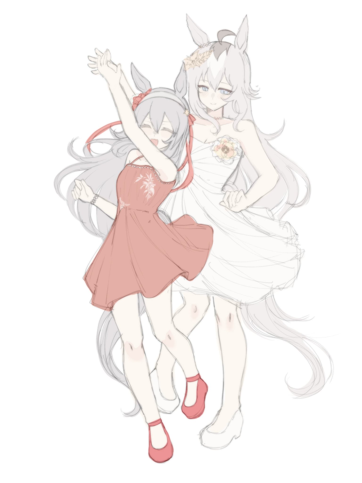 oguri cap (umamusume), tamamo cross (umamusume), umamusume, umamusume: cinderella gray, highres, 2girls, ahoge, alternate costume, animal ears, bare shoulders, blue eyes, blush, breasts, cleavage, closed eyes, closed mouth, dancing, dress, flower, full body, grey hair, grey tail, hair between eyes, horse ears, horse girl, horse tail, koppiaa, long hair, multicolored hair, multiple girls, open mouth, red dress, shoes, simple background, smile, tail, very long hair, white background, white dress