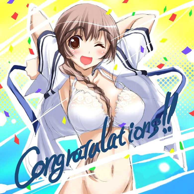 kurashima tomoyasu, nanami mina, ashita no kimi to au tame ni, 1girl, arms up, blush, bottomless, bra, braid, breasts, brown hair, female focus, large breasts, lingerie, long hair, looking at viewer, navel, one eye closed, open clothes, open mouth, open shirt, shirt, smile, solo, underwear