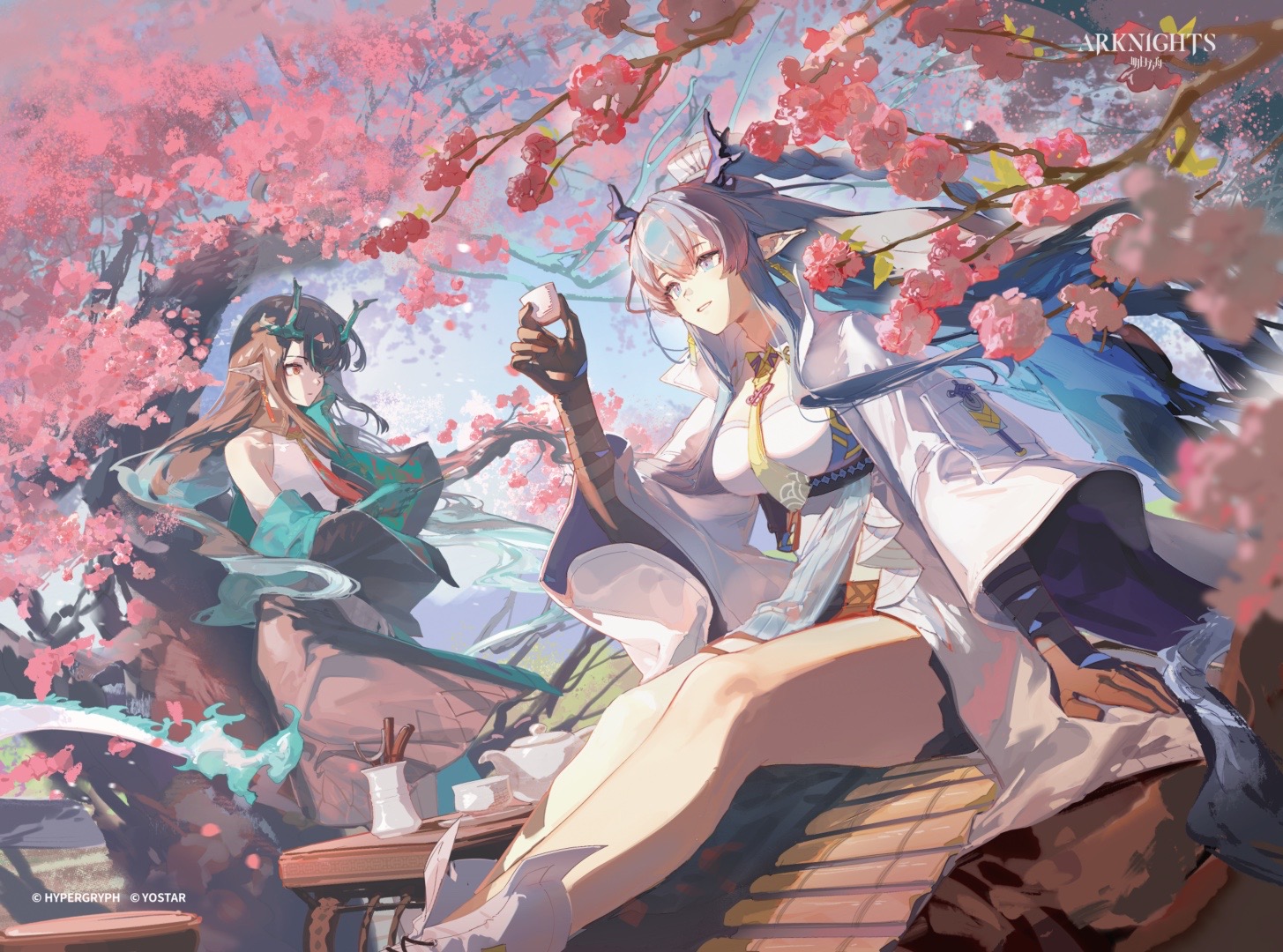 rafaelaaa, dusk (arknights), ling (arknights), arknights, commentary request, 2girls, aqua jacket, arm up, bare shoulders, black hair, black jacket, blue eyes, blue hair, branch, breasts, choko (cup), colored extremities, company name, copyright name, copyright notice, cup, dragon girl, earrings, eastern dragon horns, flower, hair over one eye, holding, horns, jacket, jewelry, large breasts, long hair, long sleeves, looking ahead, multicolored jacket, multiple girls, necktie, off shoulder, one eye covered, open clothes, open jacket, orange eyes, outdoors, parted lips, pink flower, pointy ears, siblings, sidelocks, sisters, smile, teapot, two-tone jacket, white jacket, wide sleeves, wind, yellow necktie
