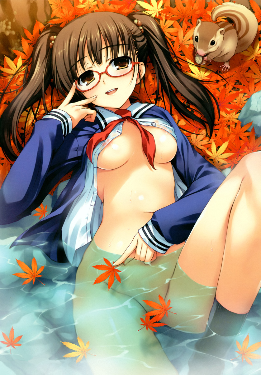 tomose shunsaku, original, highres, 1girl, adjusting eyewear, autumn, autumn leaves, bottomless, breasts, brown eyes, brown hair, censored, chipmunk, convenient censoring, female focus, glasses, groin, leaf, lying, medium breasts, nipples, no bra, open clothes, see-through clothes, socks, solo, squirrel, twintails, underboob, wet