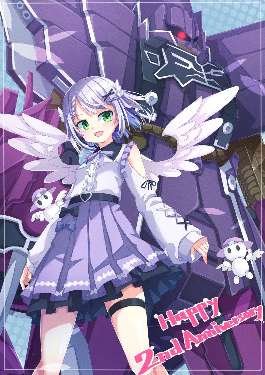 uumaru, indie virtual youtuber, commentary request, highres, 1girl, :d, anniversary, blue background, bow, braid, braided ponytail, center frills, clothing cutout, collared shirt, dress shirt, fang, feathered wings, frills, green eyes, grey hair, hair ornament, hairclip, long sleeves, looking at viewer, mecha, meko taichou, open mouth, pleated skirt, polka dot, polka dot background, puffy long sleeves, puffy sleeves, purple bow, purple skirt, robot, shirt, short hair, shoulder cutout, skirt, sleeves past wrists, smile, virtual youtuber, white shirt, white wings, wings, x hair ornament