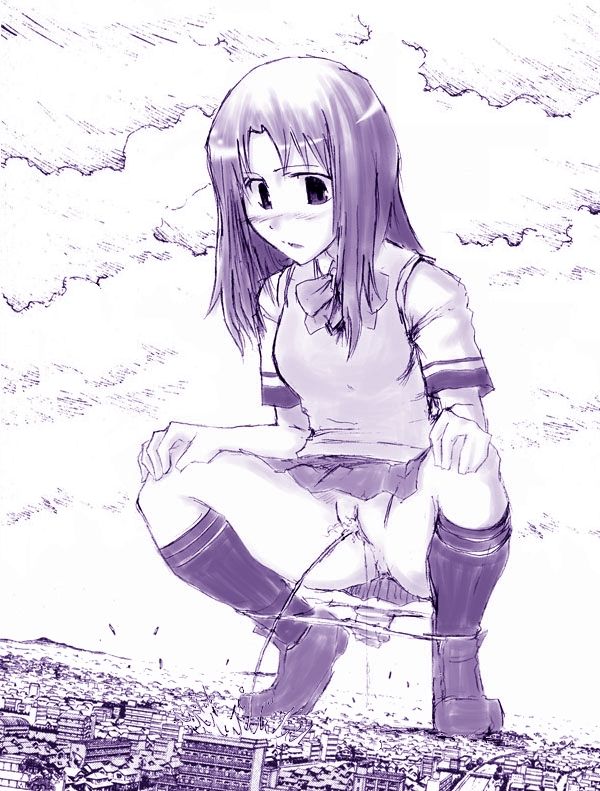 1girl, city, cloud, female focus, giant, giantess, huge giantess, monochrome, outdoors, panties, peeing, pussy, ribbon, shoes, skirt, sky, socks, solo, squatting, thighhighs, uncensored, underwear, white background