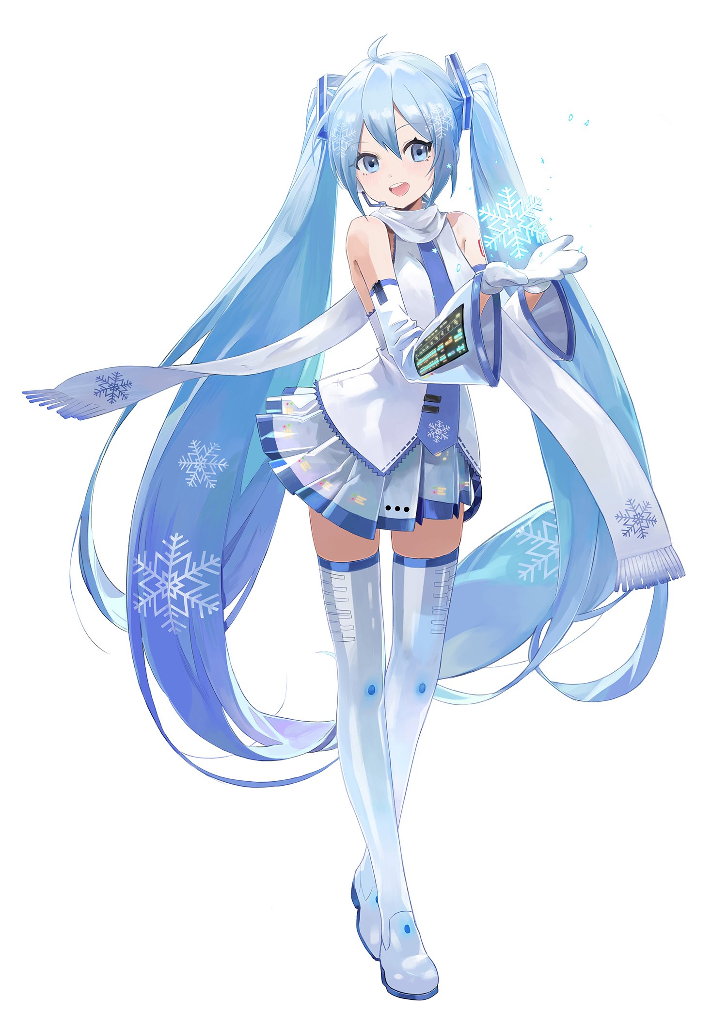 yui35, hatsune miku, yuki miku, yuki miku (2011), vocaloid, highres, 1girl, ahoge, aqua eyes, aqua hair, aqua necktie, blue trim, blush, boots, detached sleeves, hair between eyes, hair ornament, headset, long hair, long sleeves, miniskirt, mittens, necktie, open mouth, pleated skirt, scarf, shirt, simple background, skirt, sleeveless, sleeveless shirt, smile, snowflake print, snowflakes, solo, thigh boots, thighhighs, twintails, very long hair, white background, white mittens, white scarf, white skirt, wide sleeves, zettai ryouiki