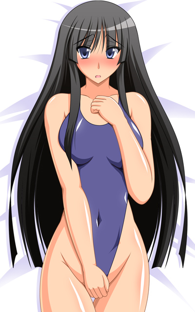 genzaburoh, akiyama mio, k-on!, bad id, bad pixiv id, 00s, 1girl, black eyes, blue eyes, blunt bangs, blush, breasts, female focus, highleg, highleg one-piece swimsuit, hime cut, long hair, lying, one-piece swimsuit, solo, swimsuit