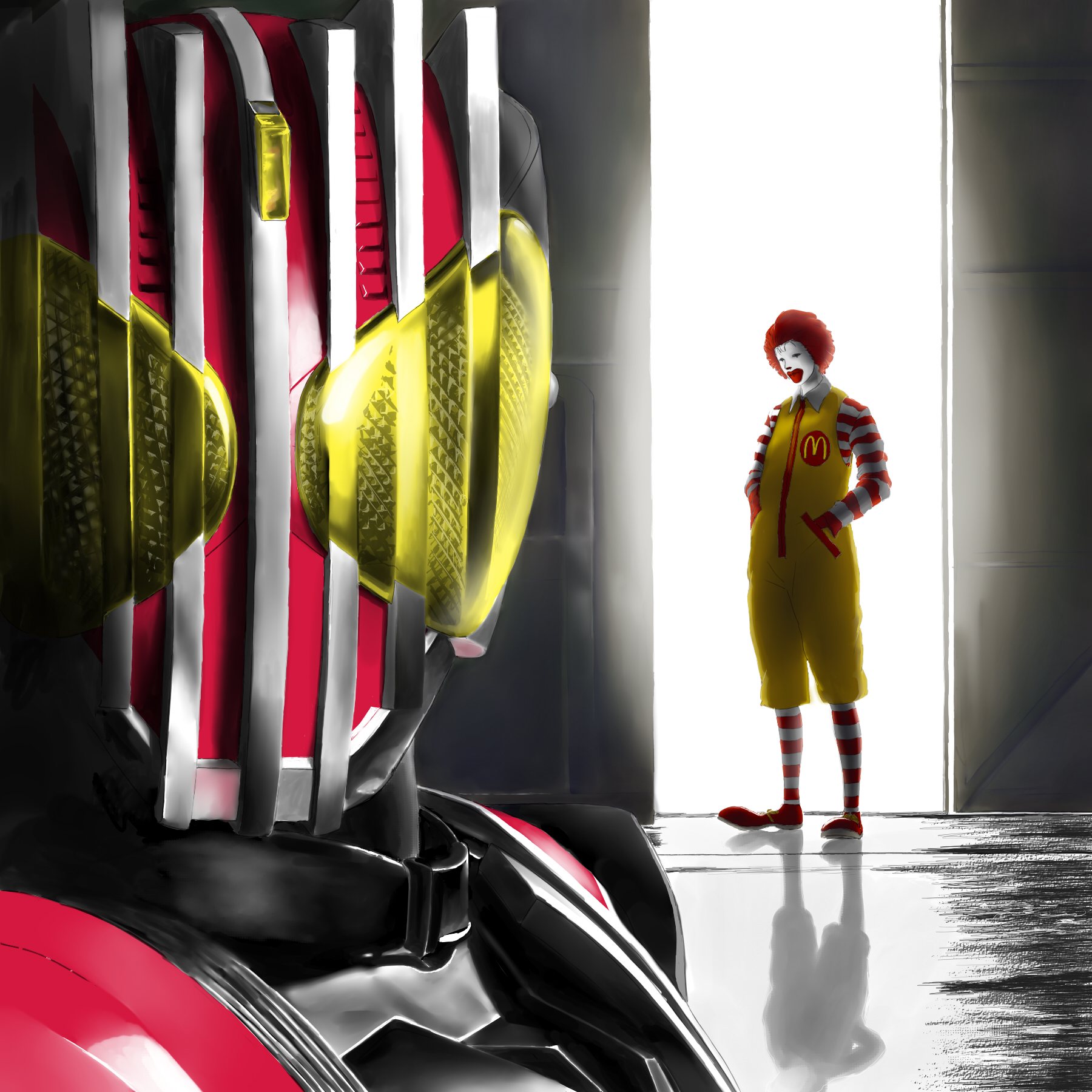 chaya, kamen rider decade, ronald mcdonald, kamen rider, mcdonald's, highres, 2boys, album cover, cover, multiple boys, parody