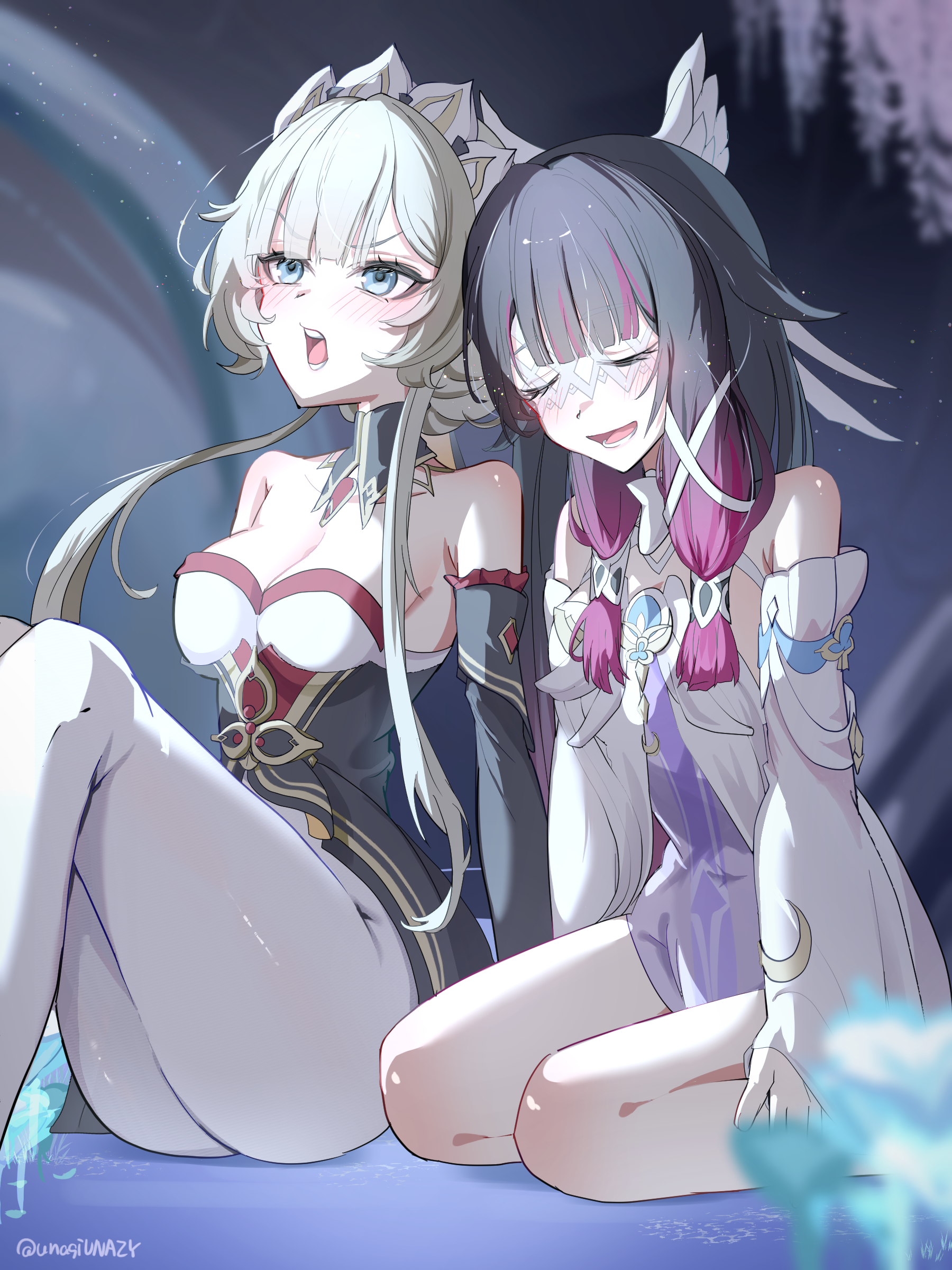 chuuna (unagiunazy), columbina (genshin impact), sandrone (genshin impact), genshin impact, absurdres, commentary request, highres, 2girls, artist name, black collar, black dress, black hat, blue eyes, blush, breasts, brown hair, closed eyes, collar, detached collar, detached sleeves, dress, eye mask, hair ornament, hat, long hair, mask, medium breasts, multiple girls, open mouth, pantyhose, purple hair, short hair, short hair with long locks, sitting, smile, teeth, wariza, white dress, white pantyhose, x hair ornament