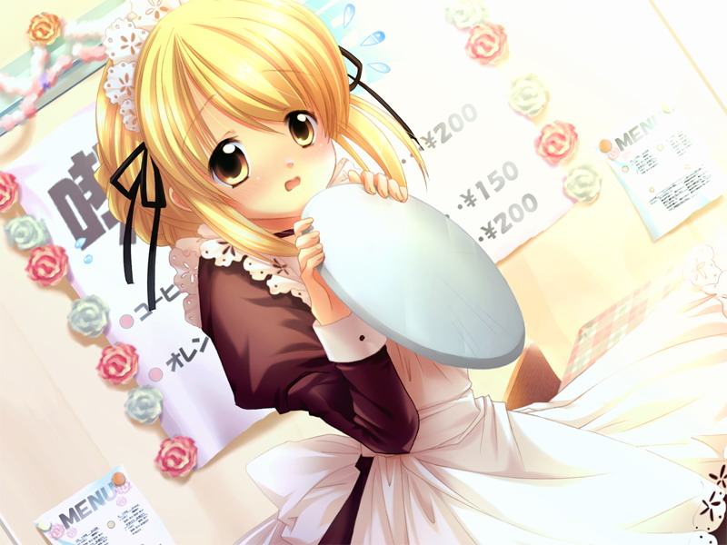 izumi rei, true tears, game cg, 00s, 1girl, blonde hair, blush, female focus, maid, solo, tray, yellow eyes