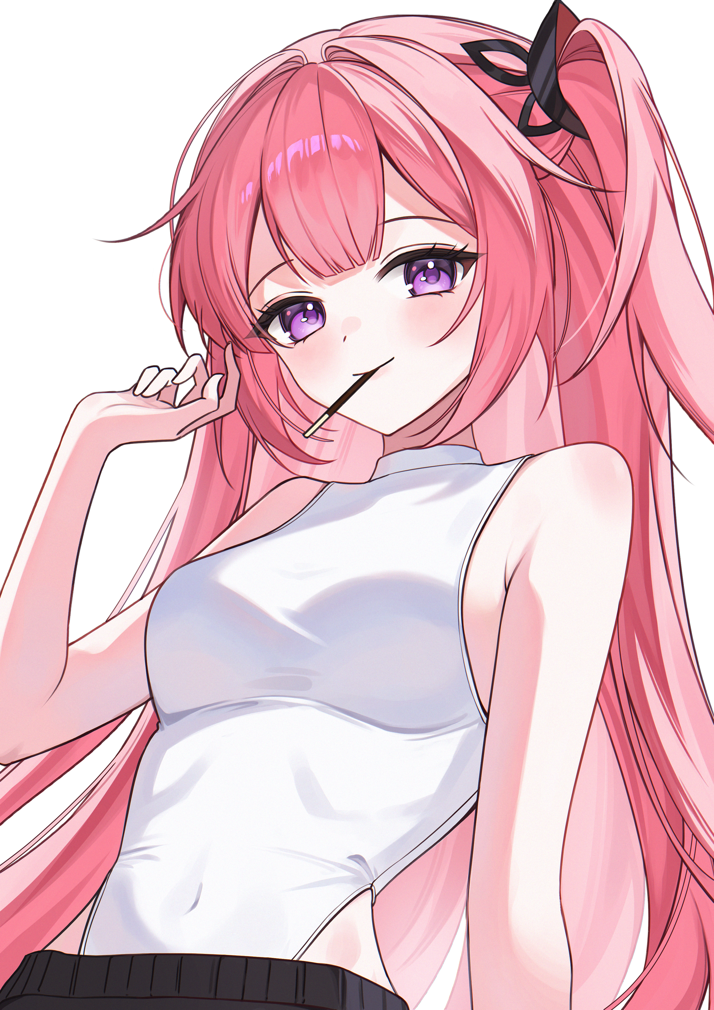 rin (ryne 0303), ambriel (arknights), arknights, absurdres, commentary request, commission, highres, pixiv commission, 1girl, bare arms, bare shoulders, black pants, blush, breasts, closed mouth, food, food in mouth, hand up, leotard, long hair, looking at viewer, mouth hold, one side up, pants, pink hair, pocky, purple eyes, simple background, small breasts, smile, solo, very long hair, white background, white leotard