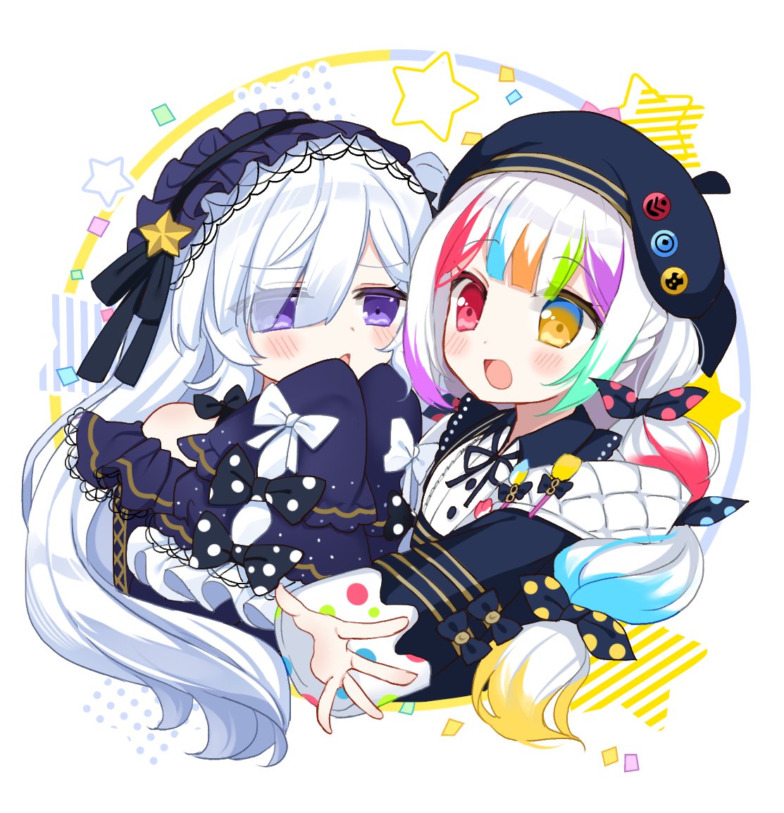 shikito (yawa0w0), jogasaki noah, natsume an-an, mahou shoujo no majo saiban, 2girls, beret, blush, bow, collared shirt, confetti, dress, frilled dress, frills, gothic lolita, hair over one eye, hairband, hands up, hat, heterochromia, lolita fashion, lolita hairband, long hair, long sleeves, looking at another, multi-tied hair, multicolored hair, multiple girls, neck ribbon, open mouth, paintbrush, polka dot, polka dot bow, purple eyes, red eyes, ribbon, shirt, sleeves past fingers, sleeves past wrists, star (symbol), streaked hair, upper body, white hair, white shirt, yellow eyes
