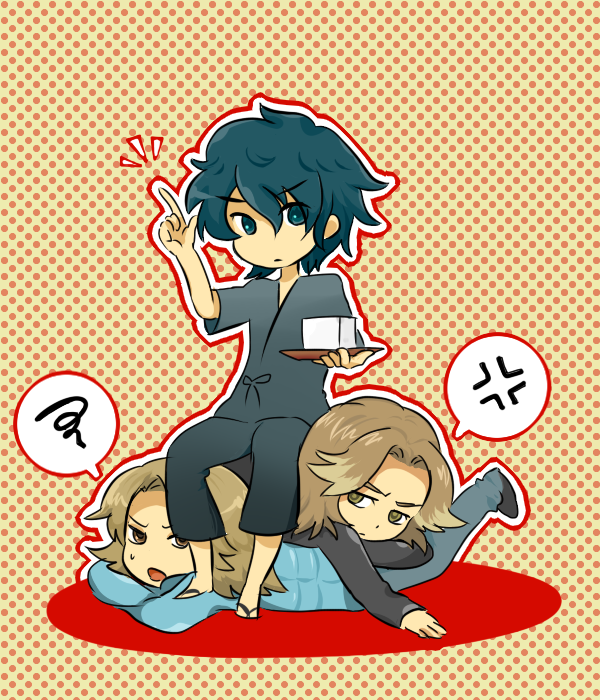 trash04, inui takumi, kamen rider kabuto, kamen rider ryuki, kido shinji, kidou shinji, tendou souji, kamen rider, kamen rider 555, kamen rider kabuto (series), kamen rider ryuki (series), 3boys, chibi, male focus, multiple boys, pointing, pointing up, sandals