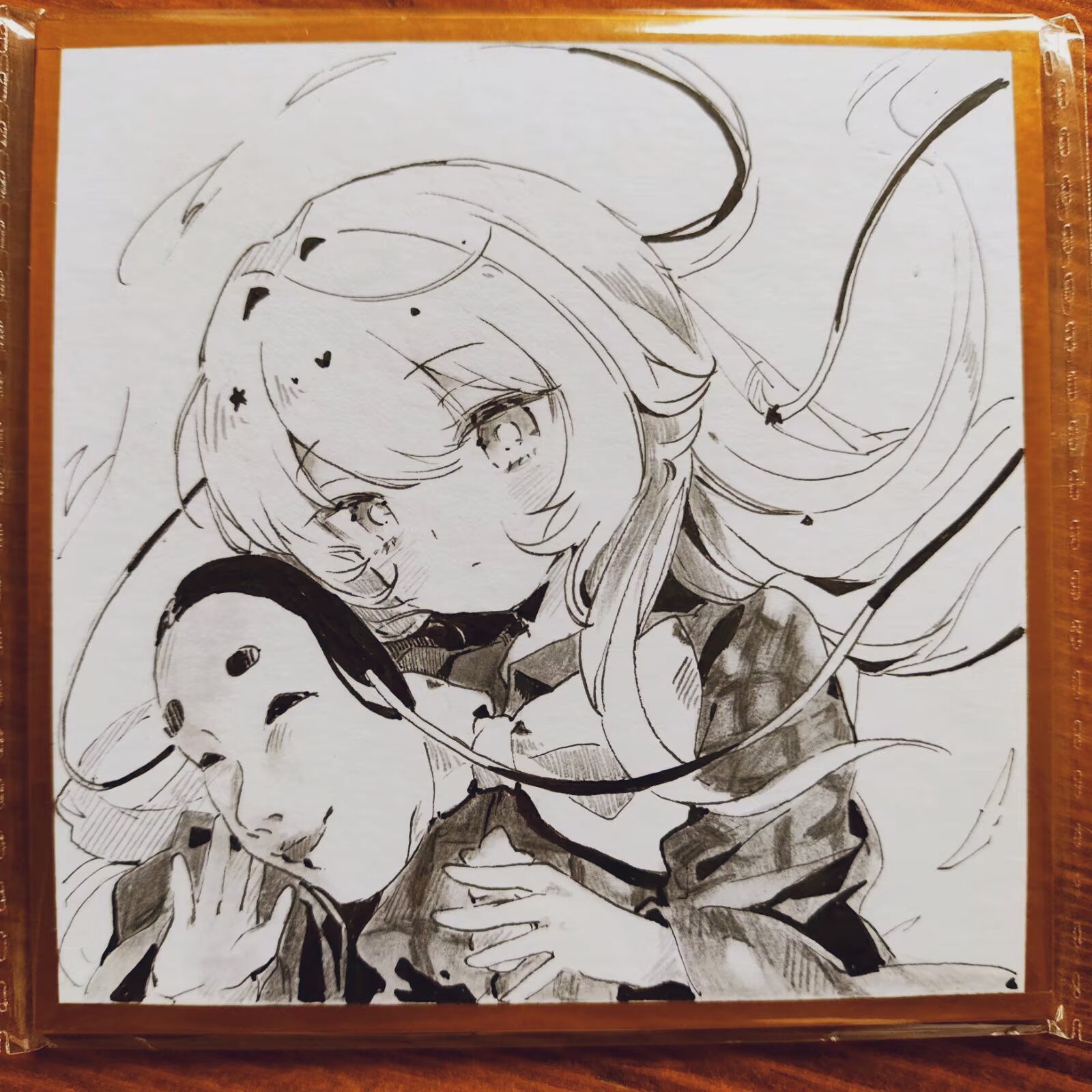 youshouhaoxianzhe, hata no kokoro, touhou, highres, traditional media, 1girl, blush, bow, bowtie, closed mouth, greyscale, long hair, long sleeves, mask, monochrome, shirt, solo