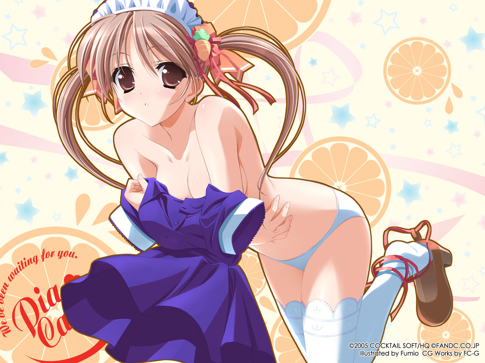 fumio (ura fmo), kunugi ayano, pia carrot (series), pia carrot e youkoso!!, highres, 1990s (style), 1girl, breasts, brown eyes, brown hair, cleavage, female focus, medium breasts, retro artstyle, solo, topless female, twintails