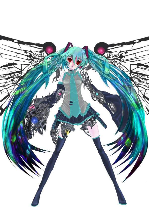 teruru, hatsune miku, vocaloid, android, boots, detached sleeves, green hair, long hair, mechabare, necktie, red eyes, skirt, solo, thigh boots, thighhighs, twintails, very long hair