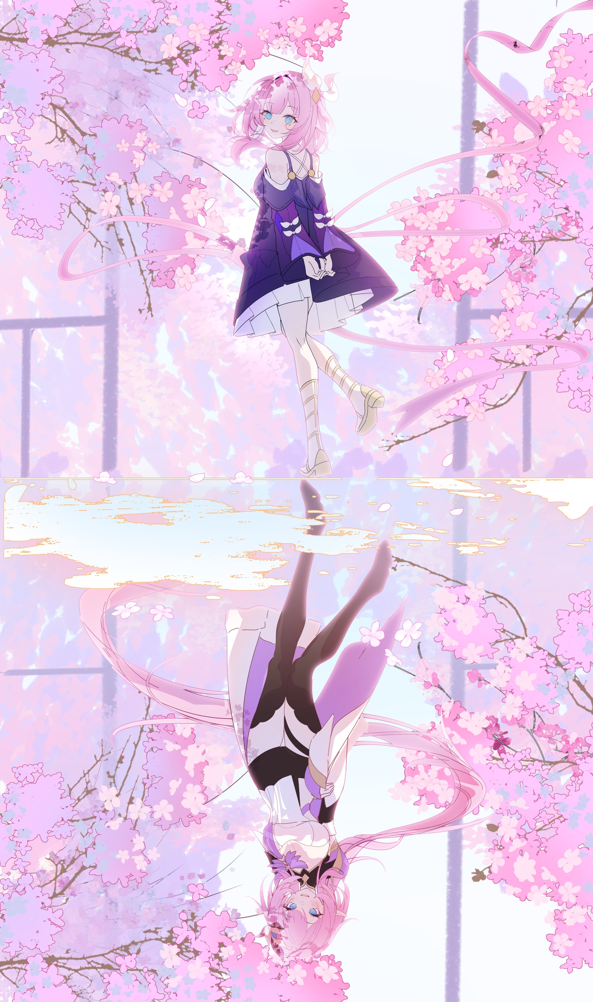 miaogujun, cyrene (honkai: star rail), elysia (honkai impact), elysia (miss pink elf) (honkai impact), inoue marina, honkai: star rail, honkai (series), honkai impact 3rd, absurdres, hashtag-only commentary, highres, 2girls, black boots, blue eyes, boots, cherry blossoms, color connection, company connection, cyrene (aedes elysiae) (honkai: star rail), different reflection, dress, elf, floating hair, flower, hair color connection, hair ornament, looking at viewer, looking back, multiple girls, open mouth, pink flower, pink hair, pointy ears, reflection, sandals, smile, thigh boots, voice actor connection, yanning