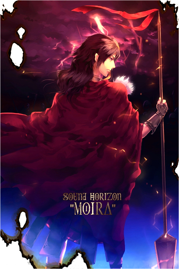 sunakumo, leontius, moira, sound horizon, 1boy, blonde hair, brown hair, cape, gradient background, lightning, long hair, male focus, outdoors, polearm, red eyes, sky, solo, spear, weapon