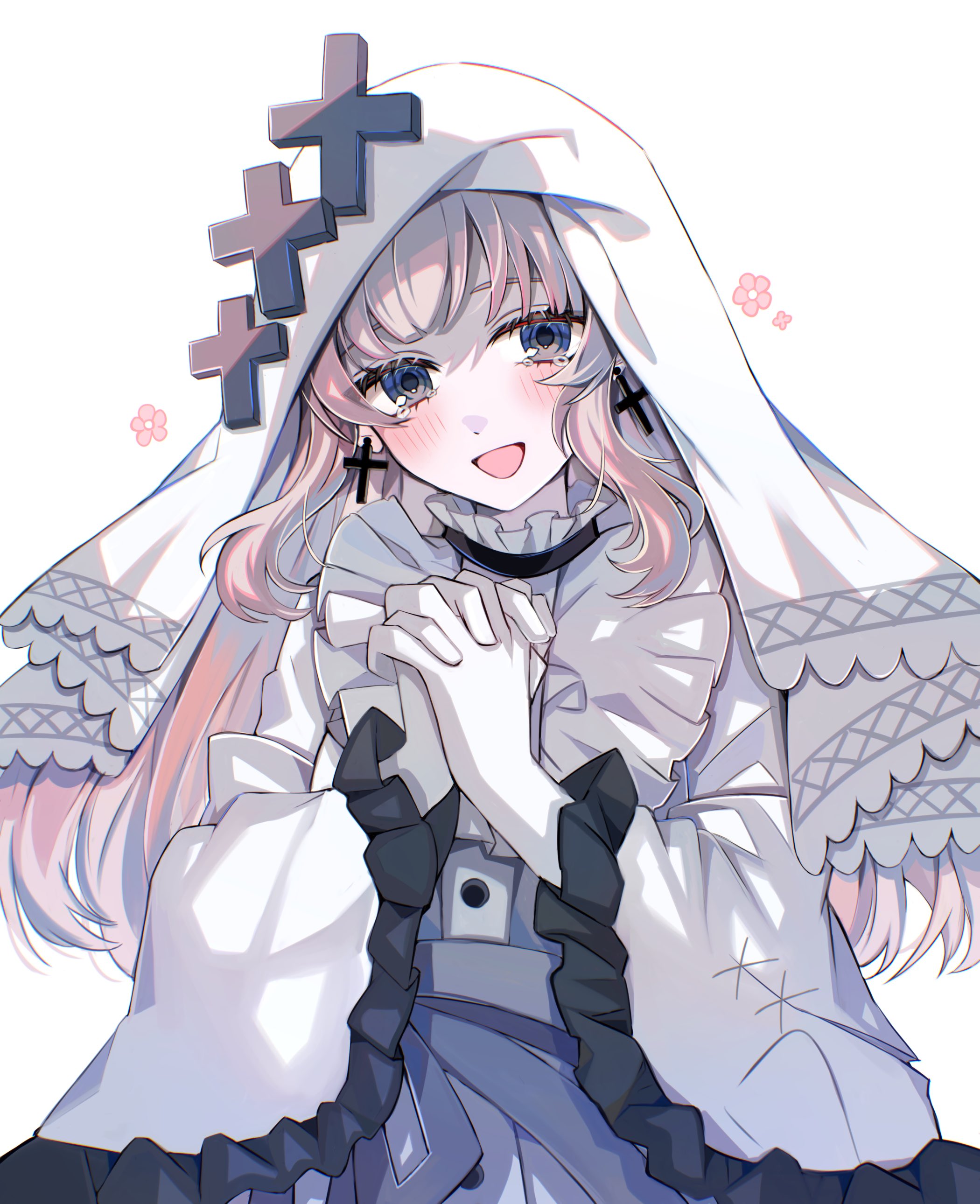 satoimo chika, hikami meruru, mahou shoujo no majo saiban, absurdres, commentary request, highres, 1girl, :d, blonde hair, cross, cross earrings, dress, earrings, flower, gloves, hands up, interlocked fingers, jewelry, long hair, long sleeves, looking at viewer, open mouth, own hands together, pink flower, priestess, purple eyes, simple background, smile, solo, tearing up, tears, veil, white background, white dress, white gloves, white veil