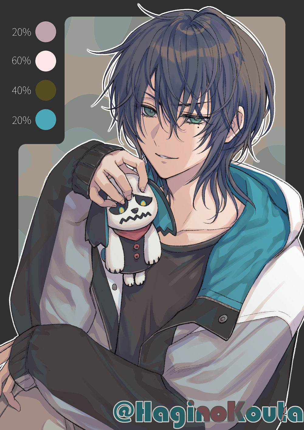 hagino kouta, original, clip studio paint (medium), commentary request, highres, making-of available, 1boy, black border, black hair, black shirt, border, collarbone, color guide, doll, feet out of frame, green eyes, grey jacket, hand up, holding, holding doll, jacket, knees up, long sleeves, looking at viewer, male focus, mole, mole under eye, open clothes, open jacket, outline, puffy long sleeves, puffy sleeves, shirt, sleeves past wrists, smile, solo, twitter username, upper body, white outline
