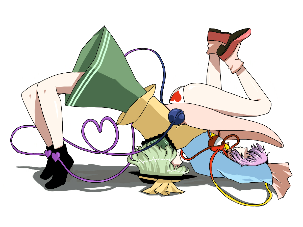 komeiji koishi, komeiji satori, touhou, 2girls, blouse, blue shirt, female focus, german suplex, multiple girls, panties, pantyshot, shirt, siblings, sisters, socks, suplex, underwear, yellow shirt