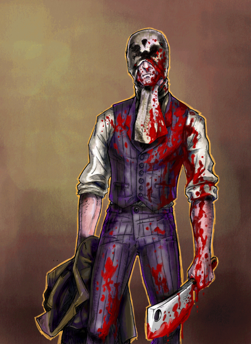inaba taro, rorschach, dc comics, watchmen, bad id, bad pixiv id, 1boy, blood, cleaver, expressionless, formal clothes, inkblot, jacket, male focus, mask, pants, pinstripe pants, pinstripe pattern, sleeves rolled up, solo, suit, vest, weapon