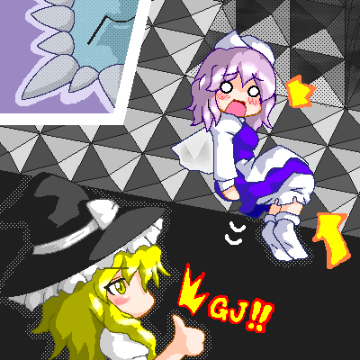 myonde, kirisame marisa, letty whiterock, thwomp, mario (series), nintendo, super marisa world, touhou, lowres, blush, crossover, o o, oekaki, parody, thumbs up