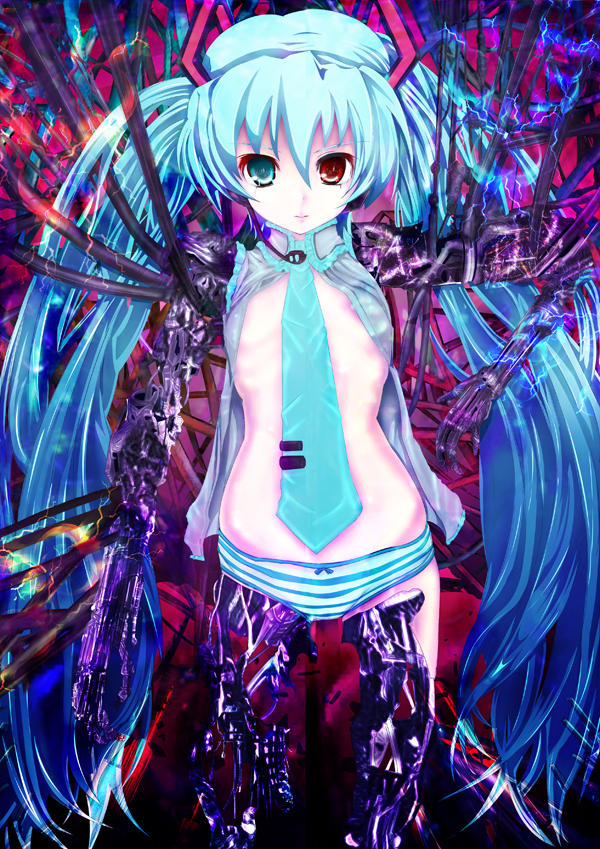 teruru, hatsune miku, vocaloid, mechanical, bad id, bad pixiv id, android, aqua eyes, aqua hair, green eyes, green hair, heterochromia, long hair, necktie, open clothes, panties, red eyes, solo, striped clothes, striped panties, twintails, underwear, very long hair