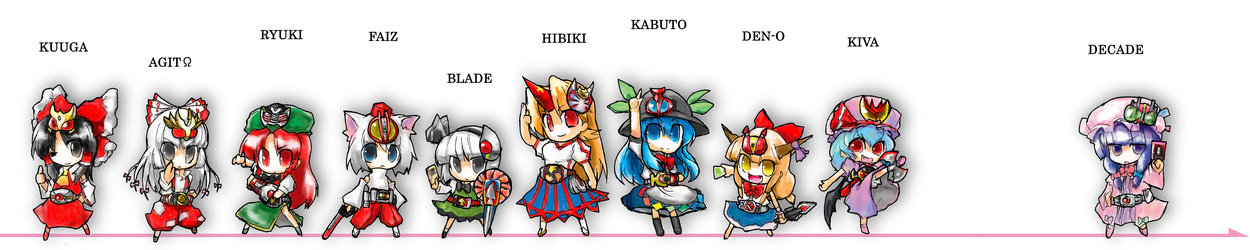 hashimoto, fujiwara no mokou, hakurei reimu, hinanawi tenshi, hong meiling, hoshiguma yuugi, ibuki suika, inubashiri momiji, kamen rider agito, kamen rider agito (ground form), kamen rider blade, kamen rider decade, kamen rider den-o, kamen rider den-o (sword form), kamen rider faiz, kamen rider hibiki, kamen rider kabuto, kamen rider kiva, kamen rider kuuga, kamen rider ryuki, konpaku youmu, patchouli knowledge, remilia scarlet, kamen rider, kamen rider 555, kamen rider agito (series), kamen rider blade (series), kamen rider dcd, kamen rider den-o (series), kamen rider hibiki (series), kamen rider kabuto (series), kamen rider kiva (series), kamen rider kuuga (series), kamen rider ryuki (series), touhou, long image, wide image, 6+girls, belt, chibi, female focus, horns, katana, mask, multiple girls, oni, single horn, sword, vampire, weapon