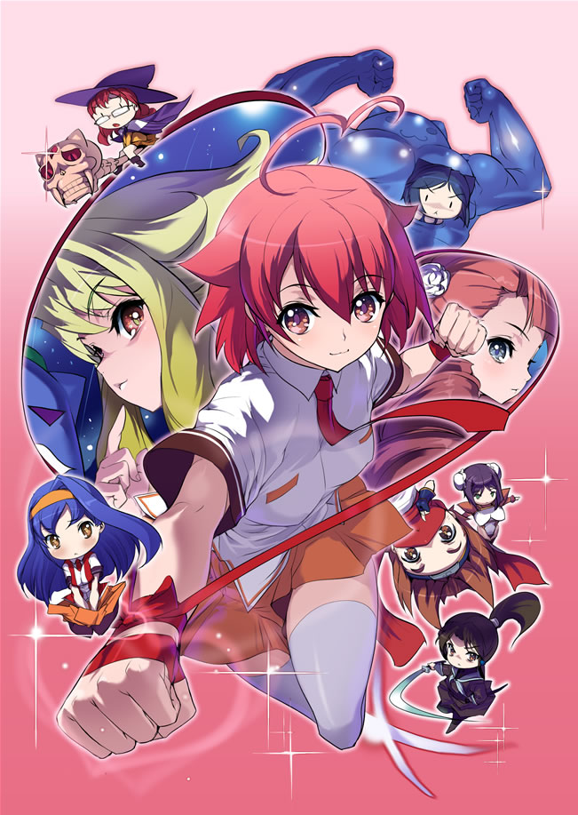 akaga hirotaka, aino heart, angelia avallone, daidouji kira, konoha (arcana heart), malin (arcana heart), mei-fang, mike (arcana heart), petra johanna lagerkvist, tokinomiya kamui, tsuzura saki, yasuzumi yoriko, aq interactive, arcana heart, arcana heart 2, atlus, examu, official art, 6+girls, :<, :3, :o, ahoge, angry, animal ears, black hair, blonde hair, blue eyes, blue hair, blunt bangs, blush, boots, braid, breasts, broom, broom riding, brown eyes, brown hair, bun cover, cape, cat ears, chibi, clenched hand, clenched hands, double bun, drill hair, embarrassed, everyone, fangs, fighting stance, finger to mouth, fingerless gloves, flower, flying, glasses, gloves, green eyes, green hair, hair bun, hair flower, hair ornament, hairband, hat, headband, heart, heart ahoge, horns, jumping, large breasts, leotard, long hair, misono gakuen school uniform, multiple girls, muscular, necktie, ninja, one-piece swimsuit, open mouth, orange eyes, pantyhose, pink eyes, pink hair, pointing, ponytail, purple hair, red eyes, red hair, ribbon, rose, scarf, school swimsuit, school uniform, serafuku, short hair, skirt, skirt tug, skull, smile, sparkle, staff, swimsuit, sword, teeth, thighhighs, third eye, twin braids, upside-down, water, weapon, white thighhighs, wind, wind lift, witch, witch hat, wristband, yellow eyes, zettai ryouiki