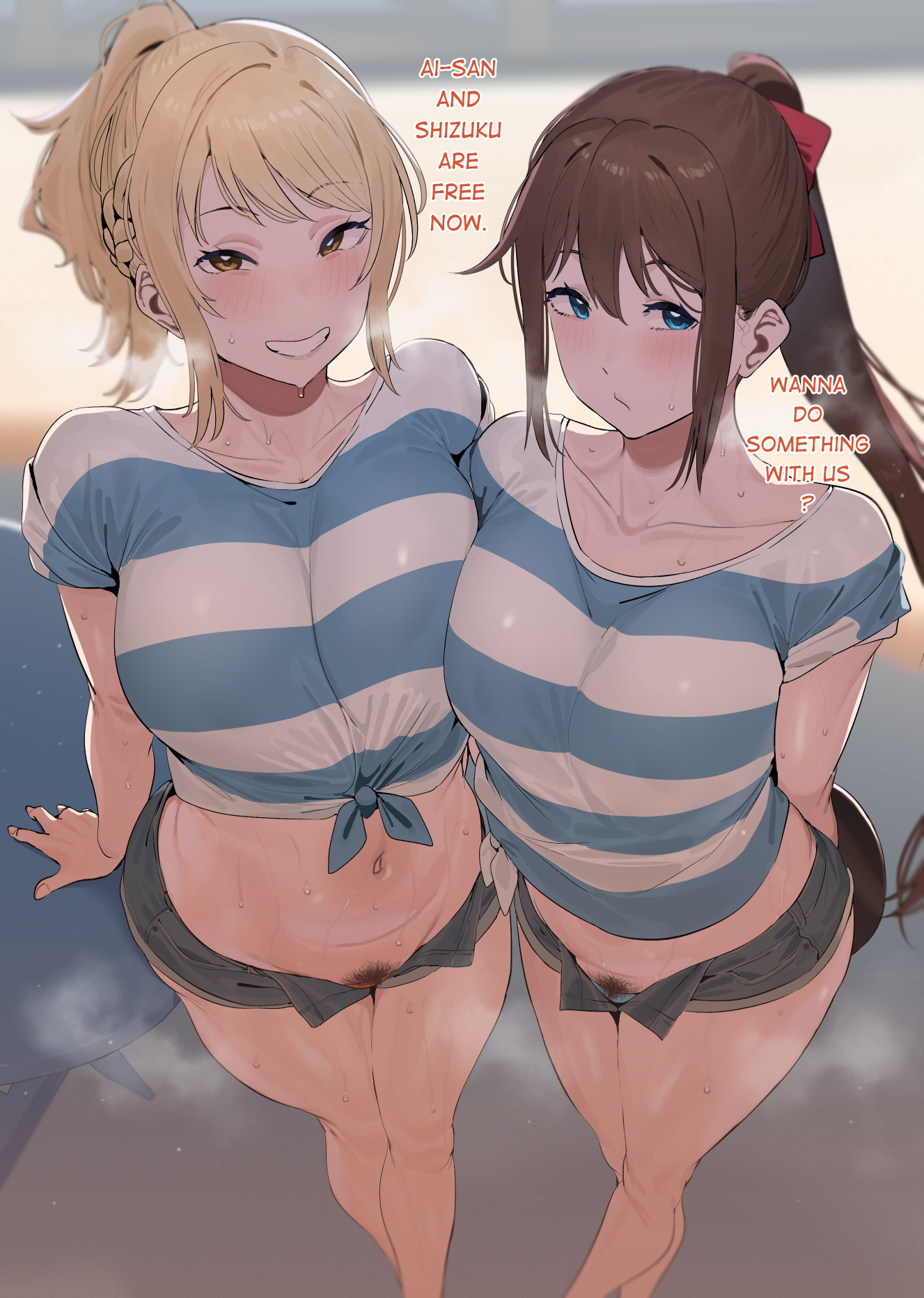 okpriko, miyashita ai, osaka shizuku, love live!, love live! nijigasaki high school idol club, highres, 2girls, blonde hair, blue eyes, blue panties, blue shirt, braid, breasts, brown hair, clenched teeth, collarbone, female pubic hair, large breasts, long hair, looking at viewer, midriff, multiple girls, navel, open clothes, open fly, open shorts, panties, ponytail, pubic hair, shirt, short shorts, short sleeves, shorts, steam, stomach, striped clothes, striped shirt, teeth, thighs, tied shirt, underwear, wet, yellow eyes