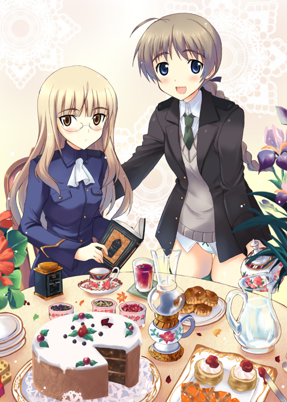 kyogoku shin, lynette bishop, perrine h. clostermann, strike witches, world witches series, bad id, bad pixiv id, textless version, 00s, 2girls, blouse, blush, book, braid, butter knife, cake, chair, chocolate cake, cup, drinking glass, flower, food, glasses, knife, multiple girls, no pants, panties, pastry, plate, plate stack, shirt, tea, teacup, underwear, white shirt