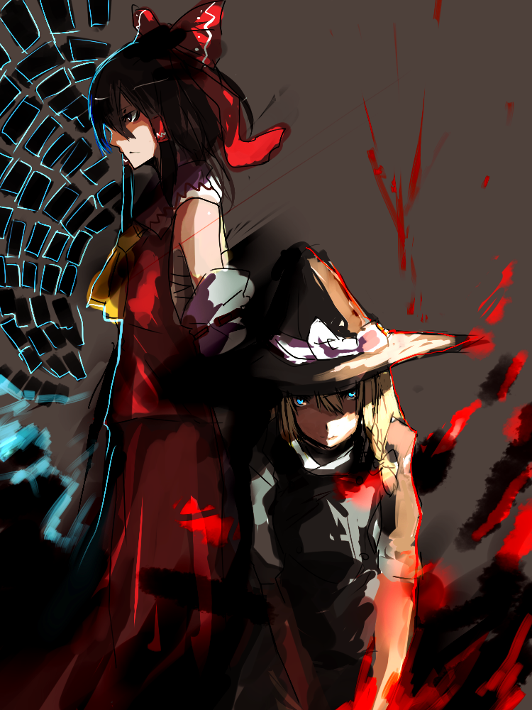 un-known (ninesix), hakurei reimu, kirisame marisa, touhou, artist request, bad id, bad pixiv id, 2girls, blood, female focus, hat, multiple girls, skirt