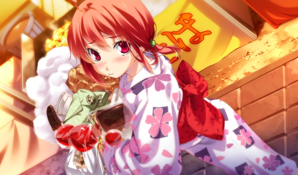 g yuusuke, shiomi hikari, tapestry -you will meet yourself-, 1girl, blush, candy apple, chocolate-covered food, chocolate banana, cotton candy, female focus, festival, food, hikari shiomi, holding, holding cotton candy, holding food, japanese clothes, kimono, red eyes, red hair, solo, taiyaki, wagashi, yukata