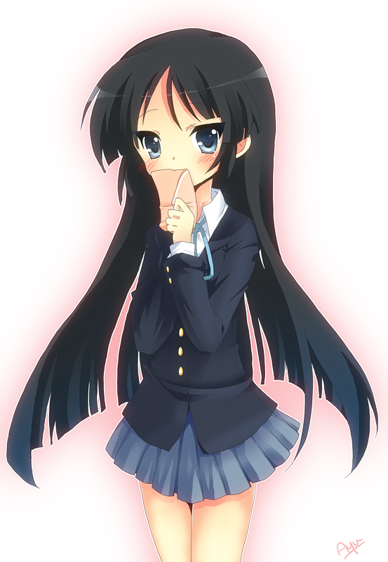 moorina, akiyama mio, k-on!, bad id, bad pixiv id, 00s, 1girl, black hair, blue eyes, blunt bangs, blush, envelope, female focus, gradient background, hime cut, long hair, school uniform, solo