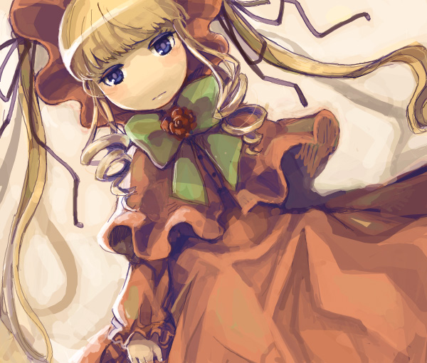 minami (qibara), shinku, rozen maiden, bad id, bad pixiv id, 00s, blonde hair, blue eyes, bonnet, bow, dress, drill hair, hair ribbon, long hair, ribbon, solo, twintails