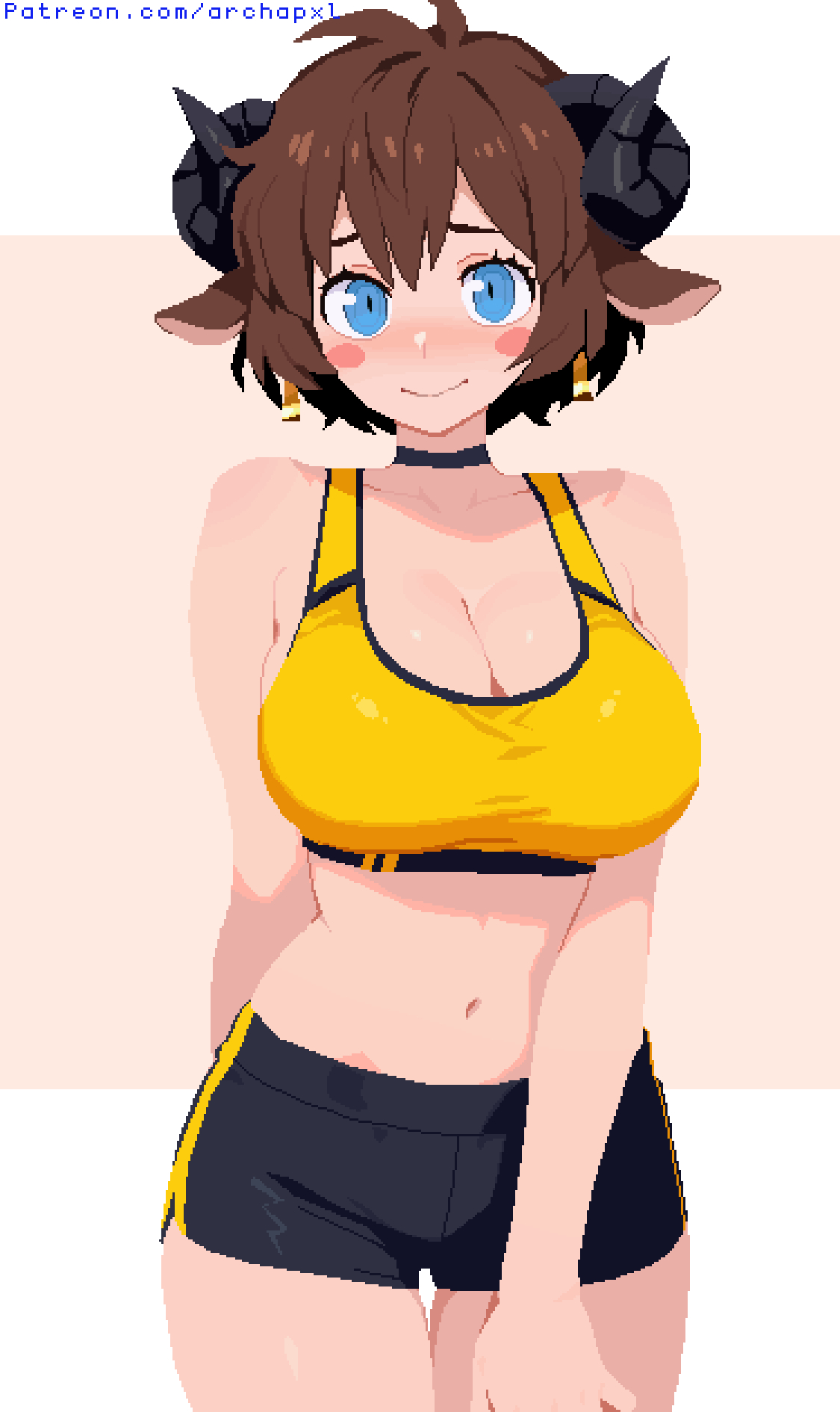 archapxl, original, commentary, english commentary, highres, paid reward available, 1girl, animal ears, anya (archapxl), arm at side, arm behind back, artist name, bare shoulders, black choker, black horns, black shorts, blue eyes, blush, blush stickers, bob cut, breasts, brown hair, choker, cleavage, collarbone, cowboy shot, curled horns, dolphin shorts, droopy ears, earrings, eyelashes, gold earrings, gym shorts, hair between eyes, hand on own thigh, horns, jewelry, large breasts, letterboxed, looking at viewer, messy hair, midriff, navel, nose blush, outside border, patreon username, pendant earring, pixel art, raised eyebrows, ringed eyes, sheep ears, sheep girl, sheep horns, short hair, short shorts, shorts, smile, solo, sports bra, thigh gap, yellow sports bra