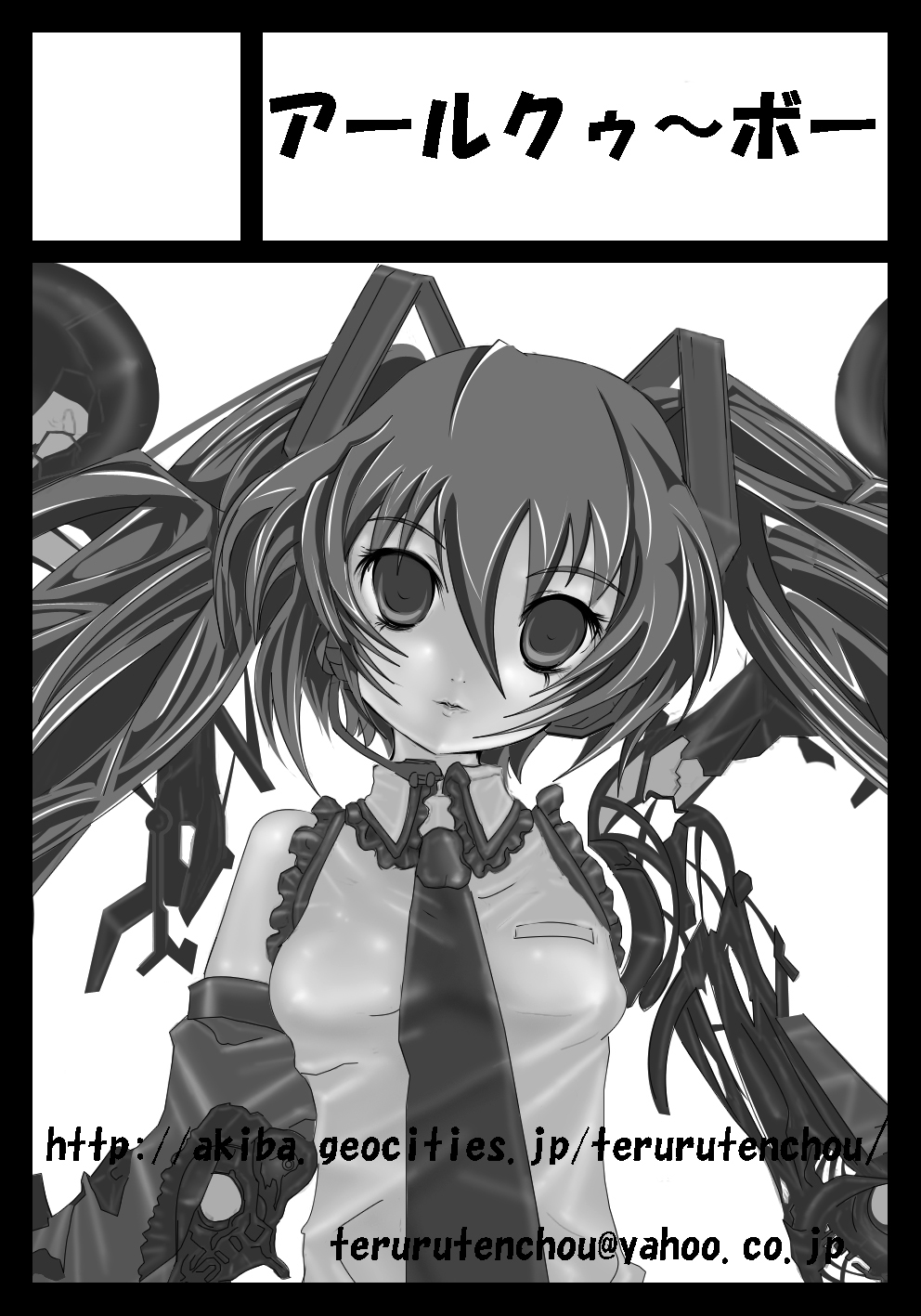 teruru, hatsune miku, vocaloid, highres, 1girl, black border, border, circle cut, detached sleeves, female focus, greyscale, monochrome, necktie, solo, twintails