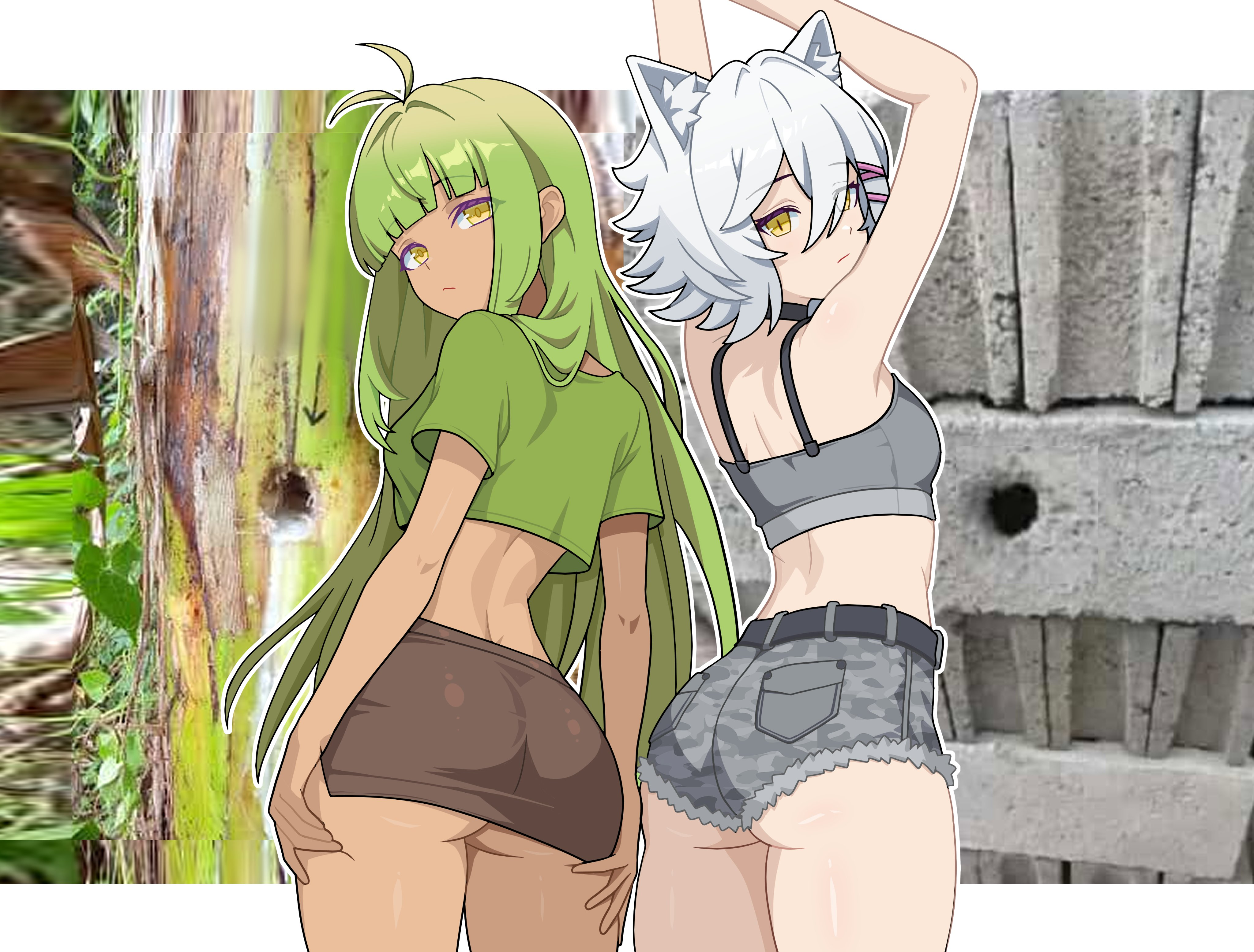 senketsu05, original, absurdres, commentary, english commentary, highres, 2girls, animal ear fluff, animal ears, arms up, ass, belt, black belt, black choker, border, breasts, brown skirt, cat ears, choker, closed mouth, cowboy shot, cowlick, crop top, gradient hair, green hair, grey shorts, hair between eyes, hole in wall, long hair, looking at viewer, looking back, median furrow, multicolored hair, multiple girls, personification, photo background, short hair, shorts, skirt, slit pupils, small breasts, tan, white border, white hair, yellow eyes
