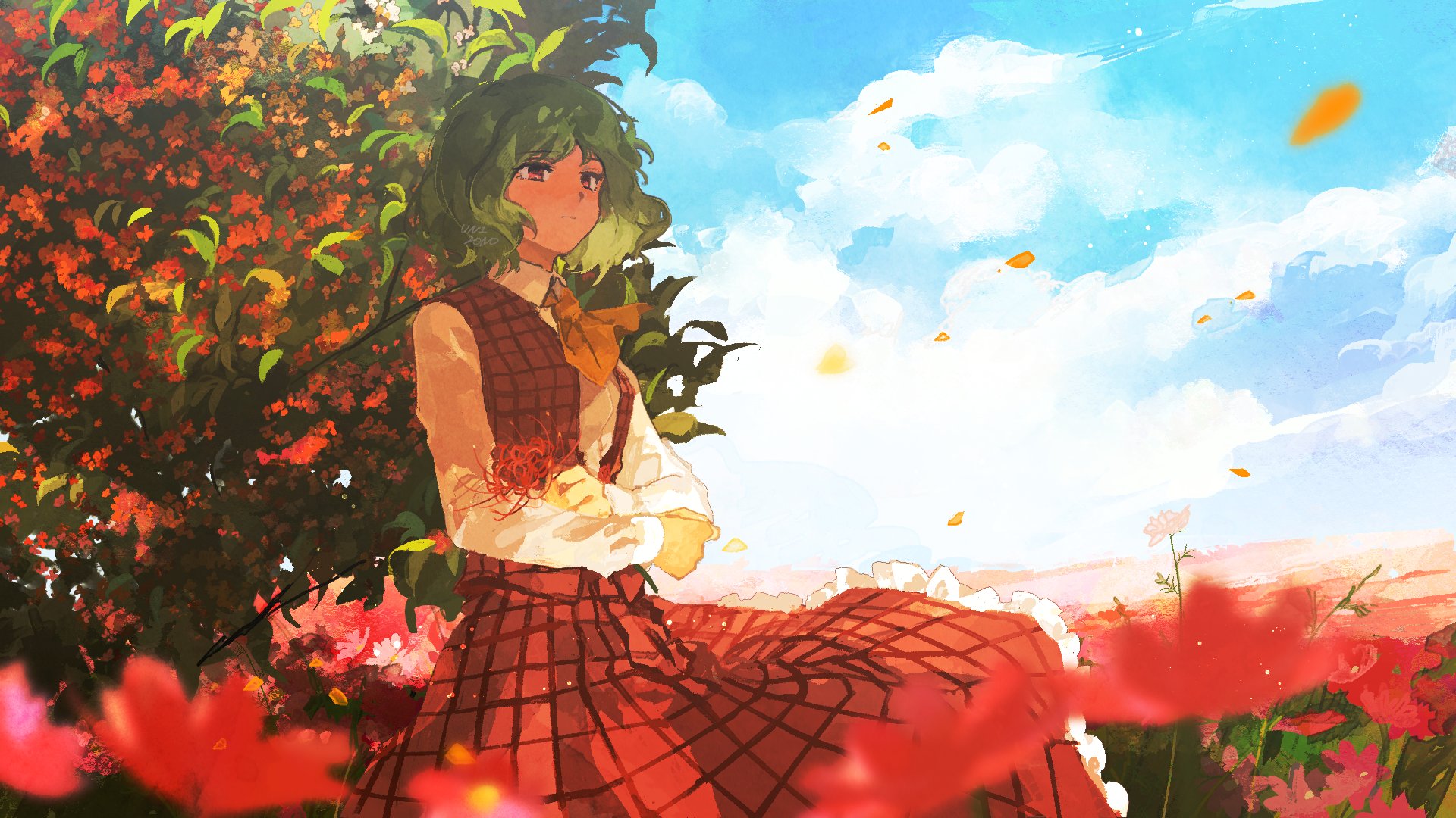uninosono, kazami yuuka, touhou, highres, second-party source, 1girl, ascot, field, flower, flower field, green hair, looking to the side, open clothes, open vest, parasol, plaid clothes, plaid skirt, plaid vest, red vest, skirt, skirt set, solo, sunflower, sunflower field, umbrella, vest, yellow ascot